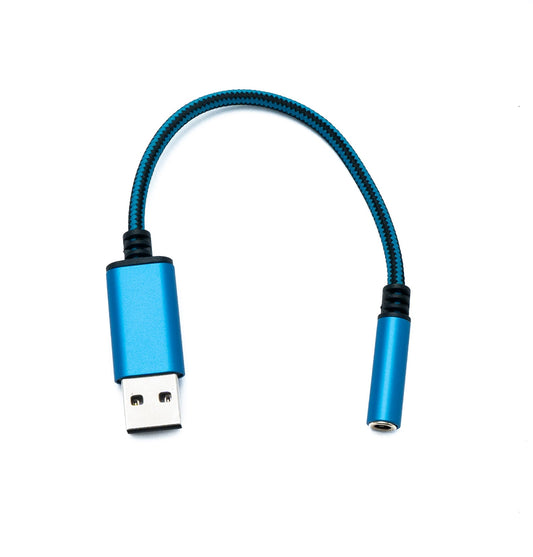 SYSTEM-S Hljóðsnúra með USB-tengi, 20 cm, fléttuð blá, með 3,5 mm tengi í 2.0 A-tengi.