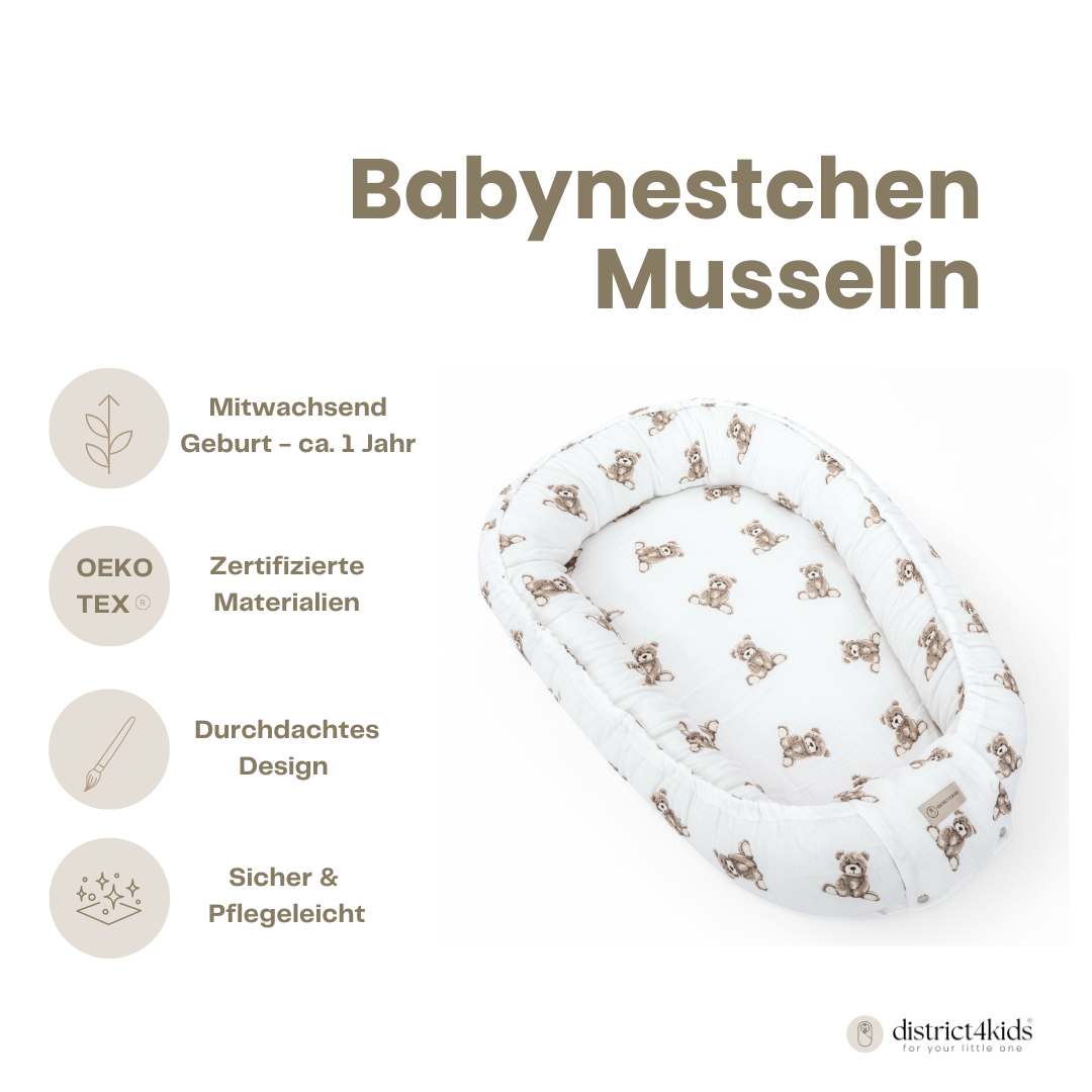 Babynestchen Musselin Teddybär – Weicher Baby-Kokon