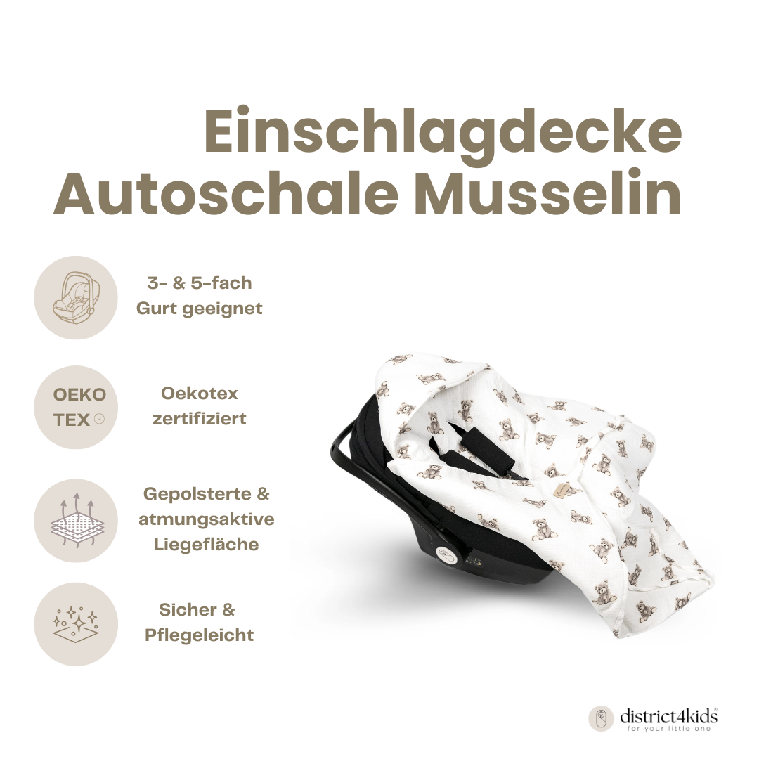 Einschlagdecke Musselin Teddybär – Perfekt für Autoschale Ganzjährig