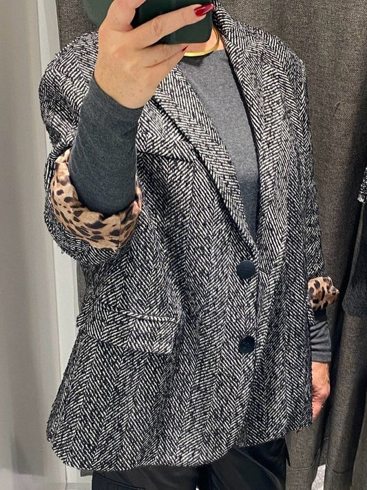 Damen Woll Blazer Fischgrät Leo Muster innen - von LUMINA, One Size