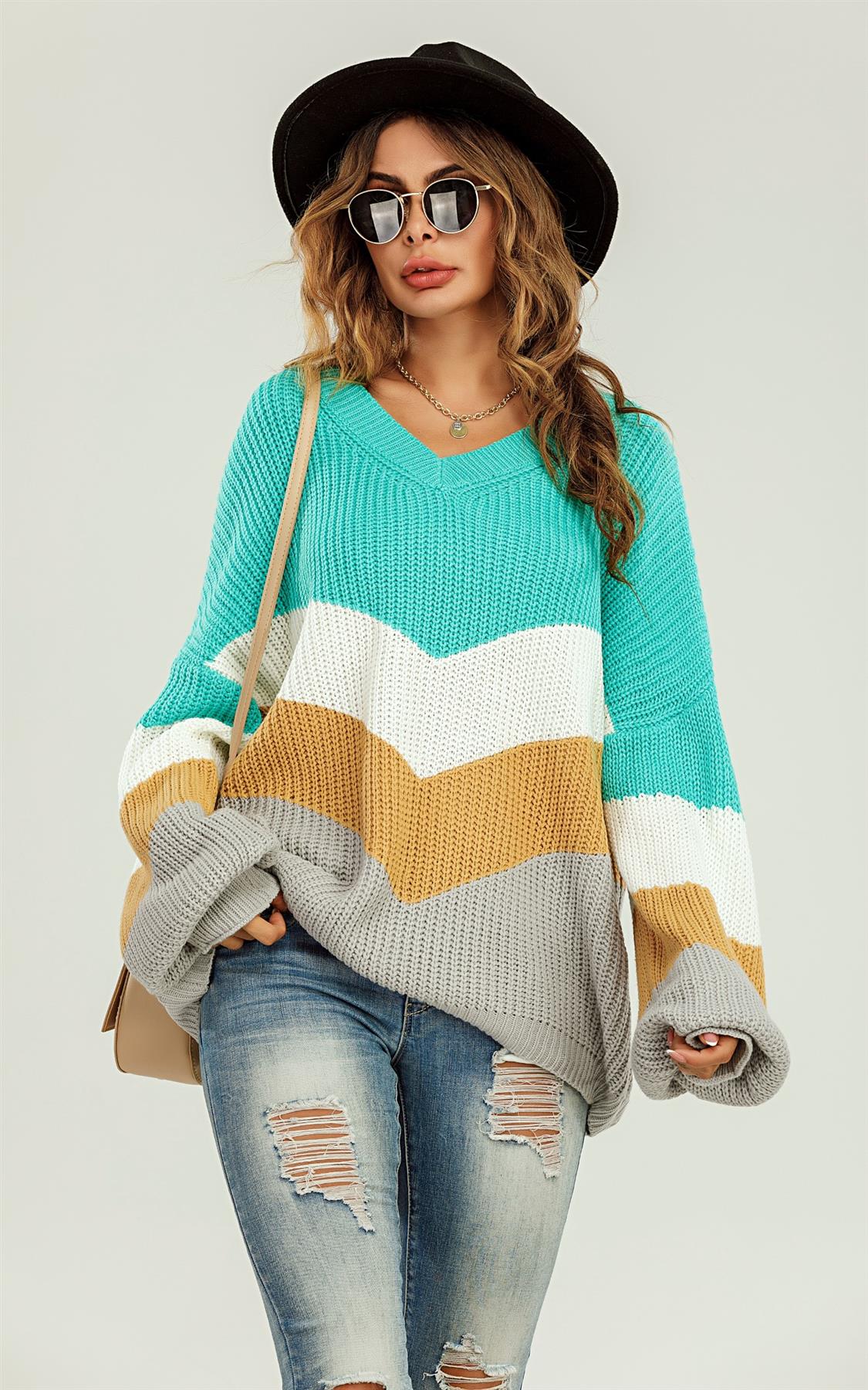 Blue & Grey Colour Block Jumper White & Golden Striped Long Sleeve Top