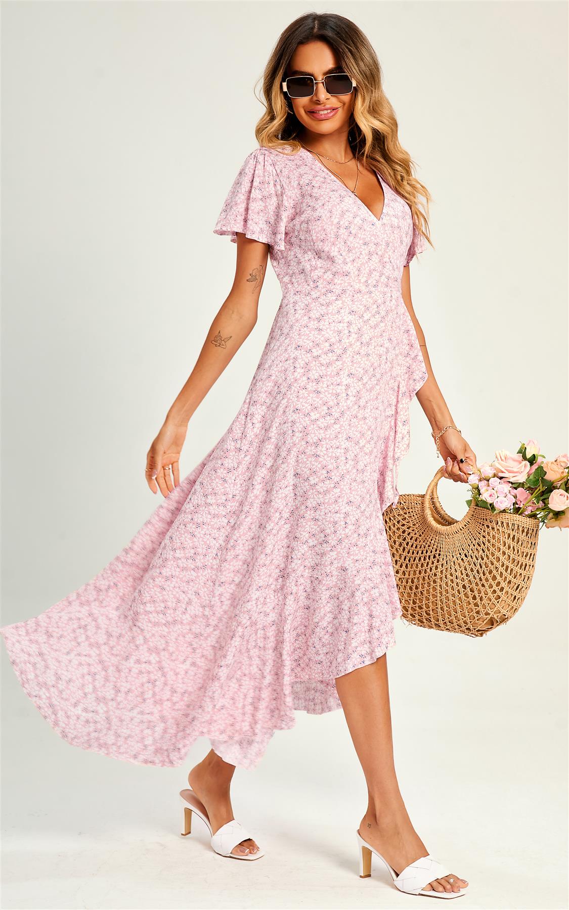 Summer Floral Print Hem Wrap Midi Dress In Pink