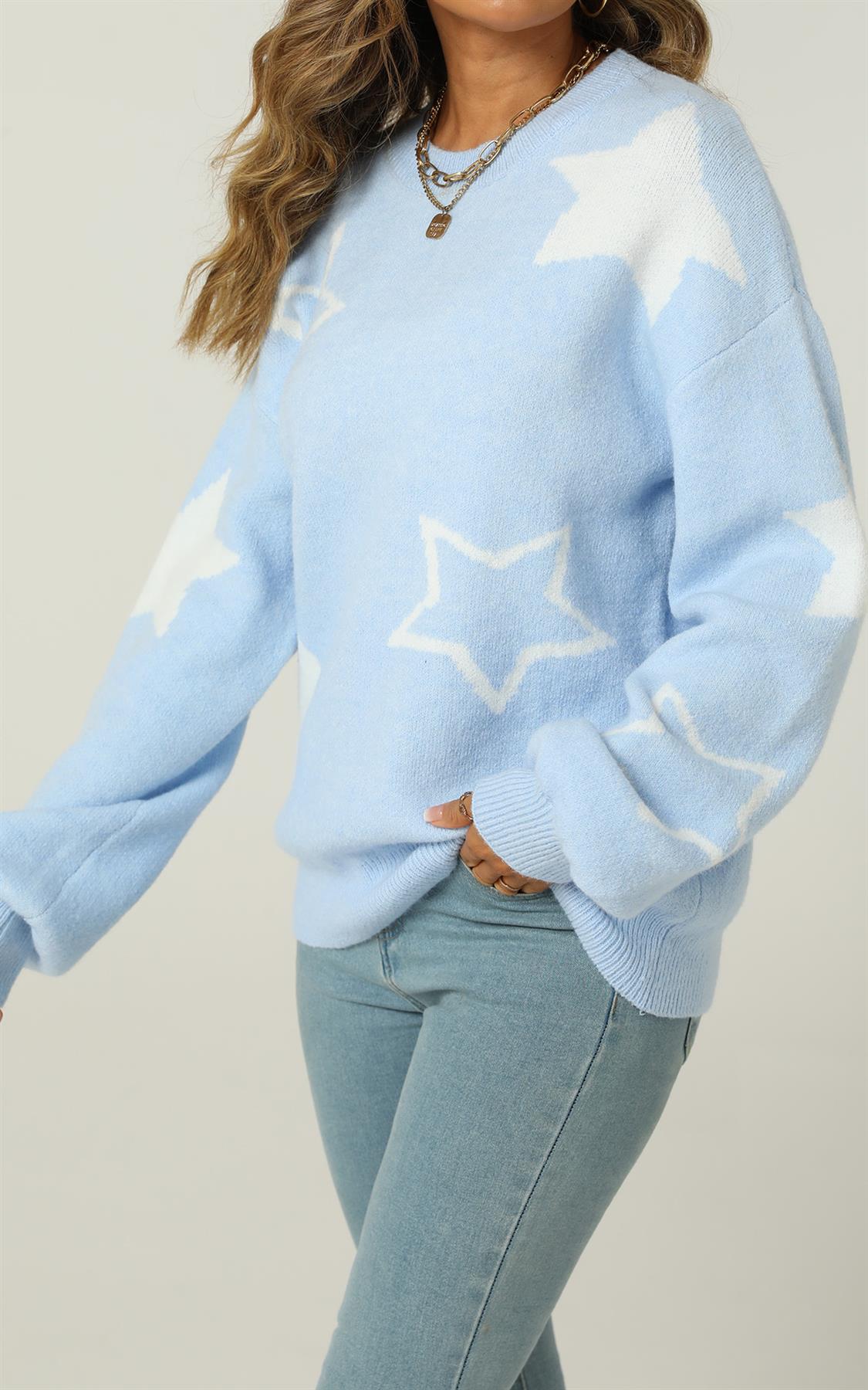 Relaxed Soft Comfy White Star Pattern Jumper Top In Blue