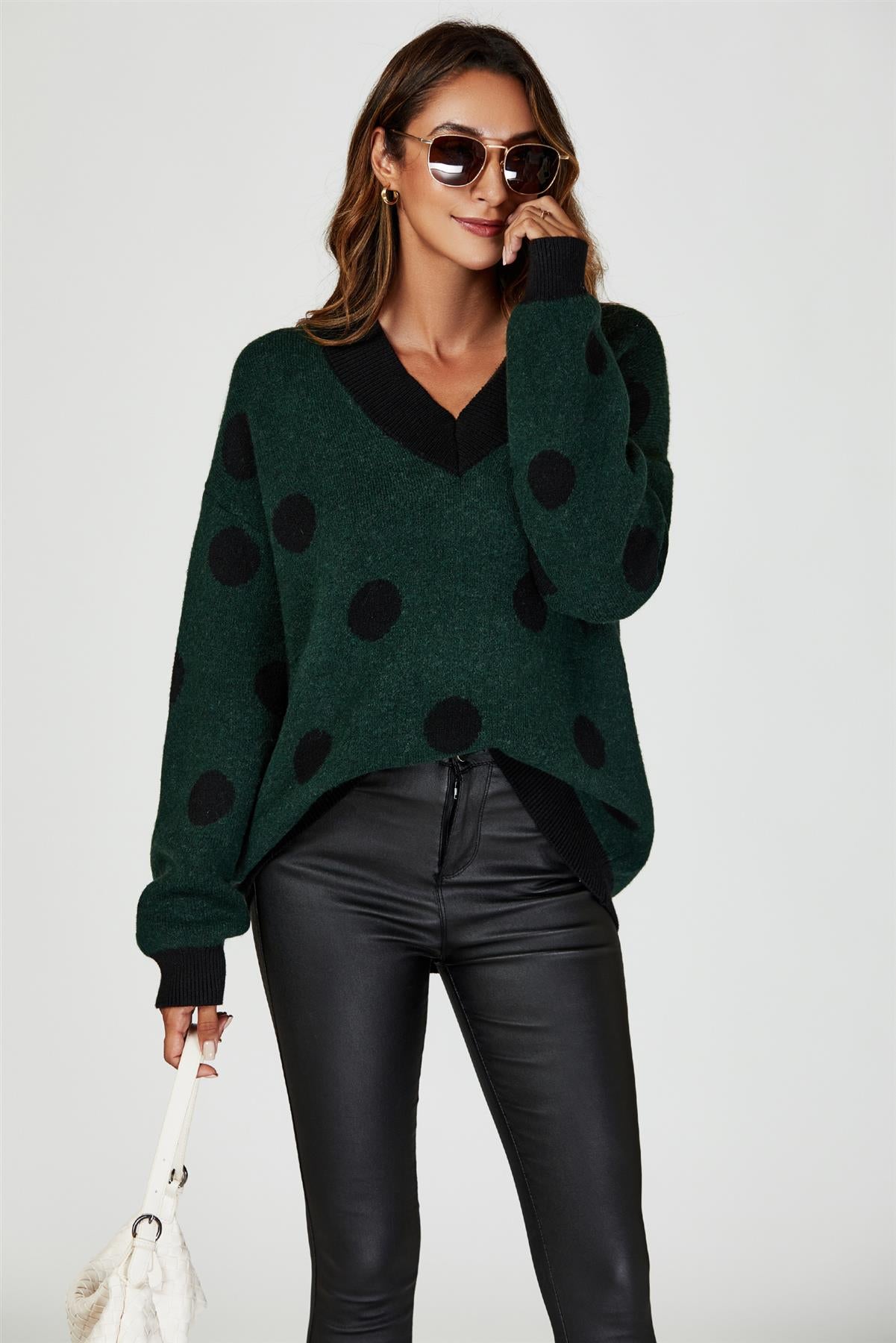 Wool Blended V Neck Jumper In Green & Black Polka Dot