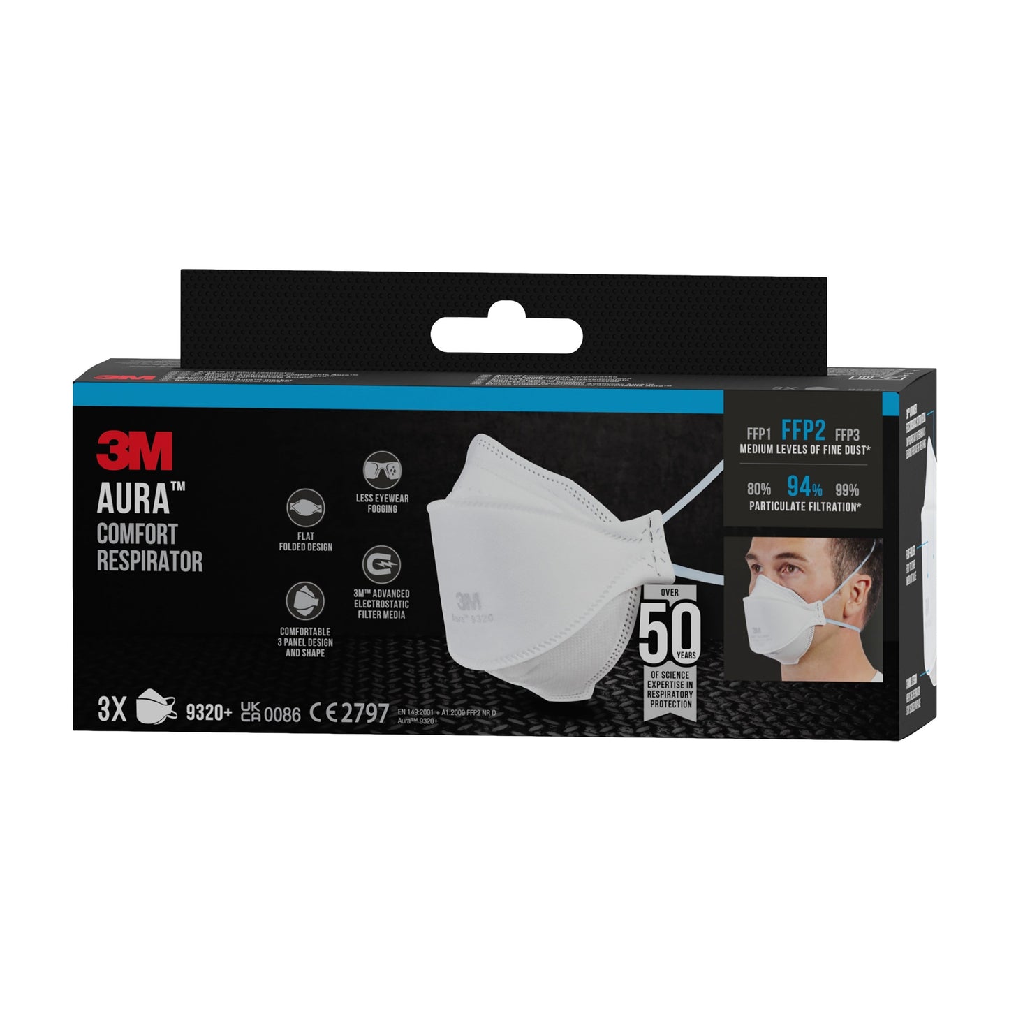 3M™ Aura™ Komfort-Partikelmaske 9320+, FFP2, ohne Ventil, 3er Packung | Packung (1 Stück)