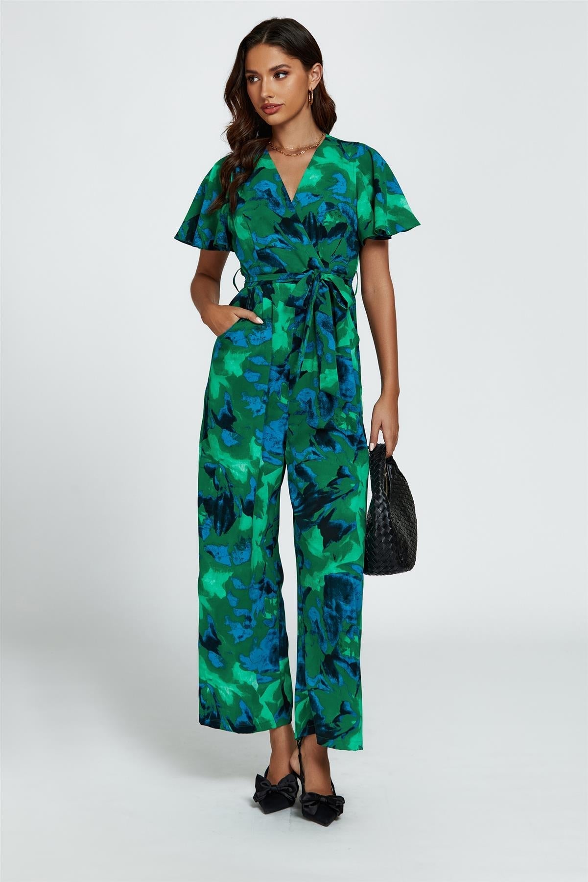 Abstract Print Wrap Top Jumpsuit In Green