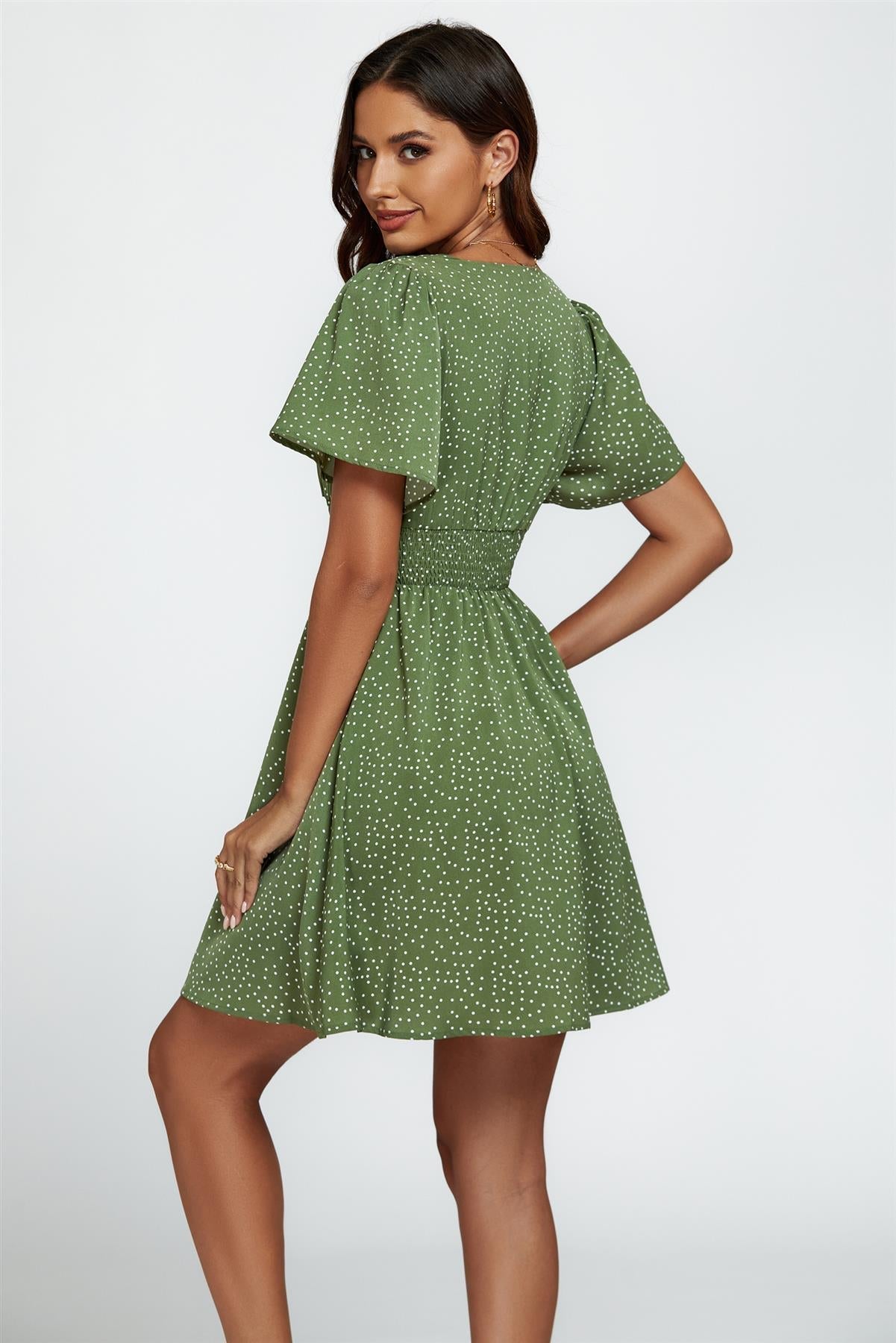 Dot Print Short Sleeve Mini Dress In Green