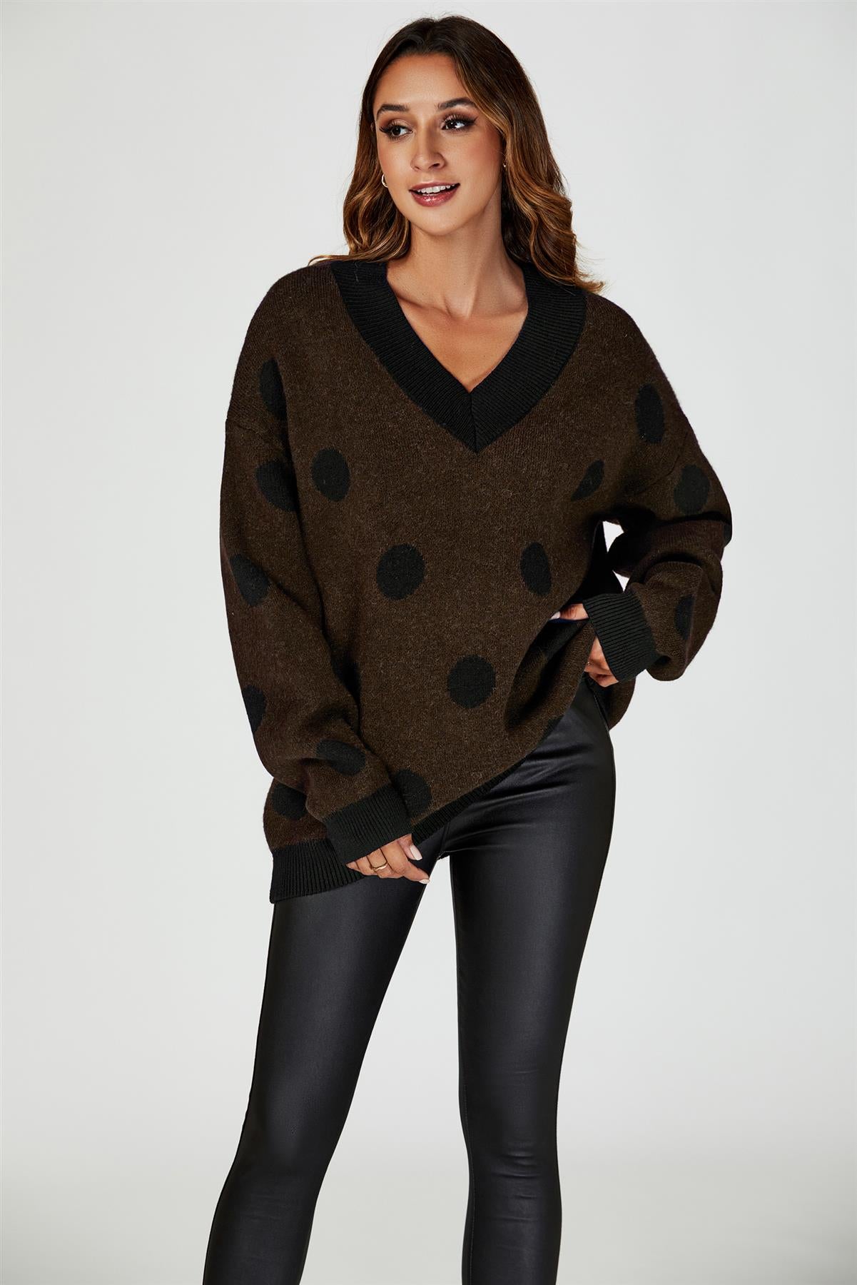 Wool Blended V Neck Jumper In Brown &amp; Black Polka Dot