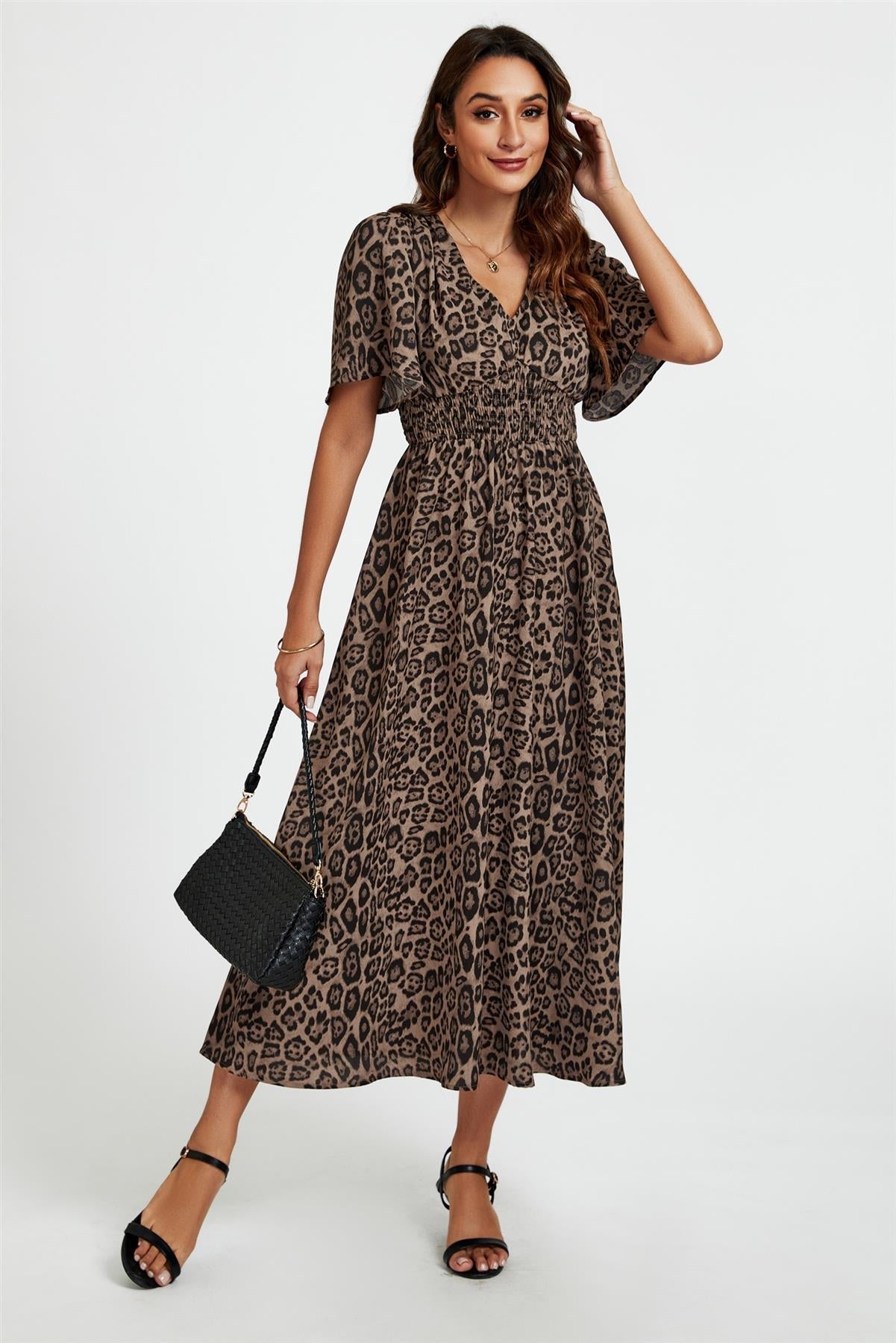 Leopard Print V Neck Midi Dress In Brown
