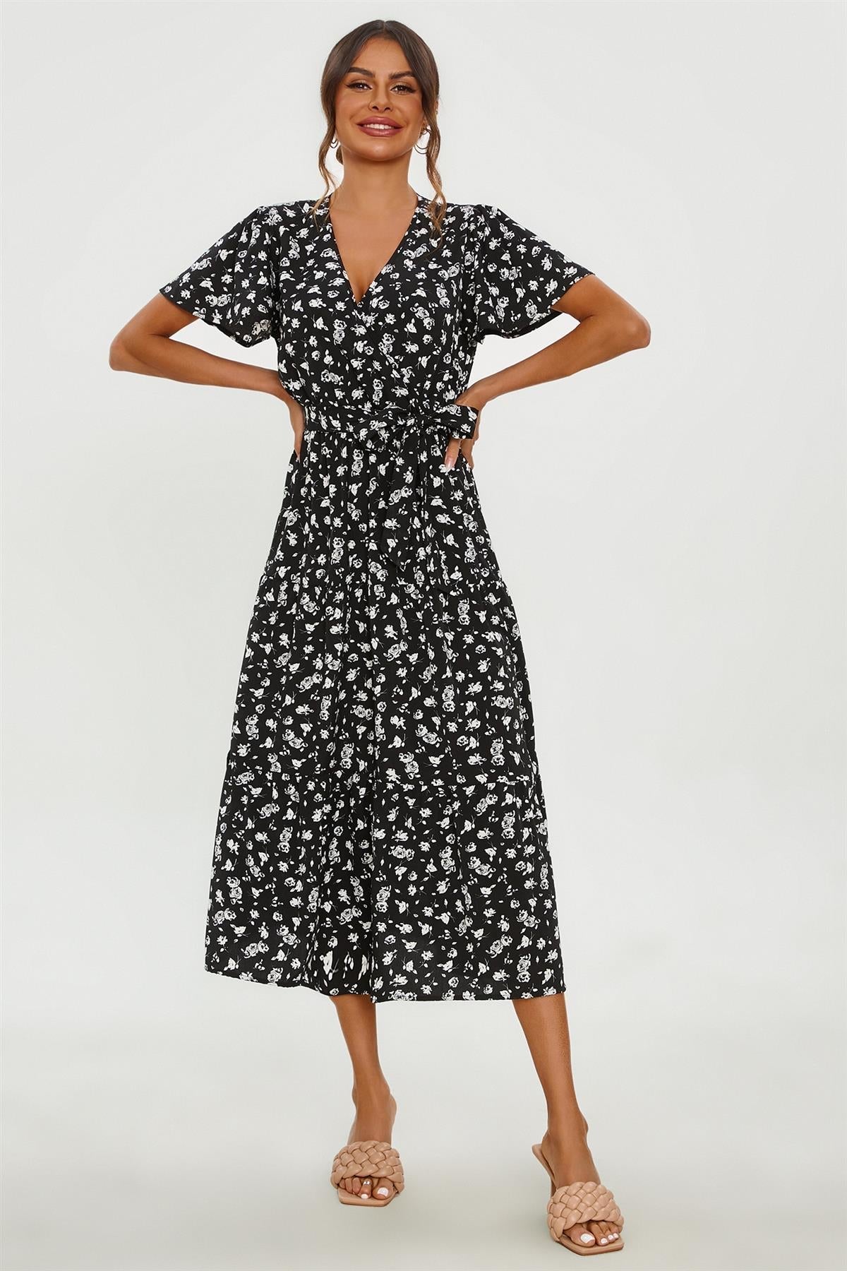 White Floral Print Hem Tiered Wrap Midi Dress In Black