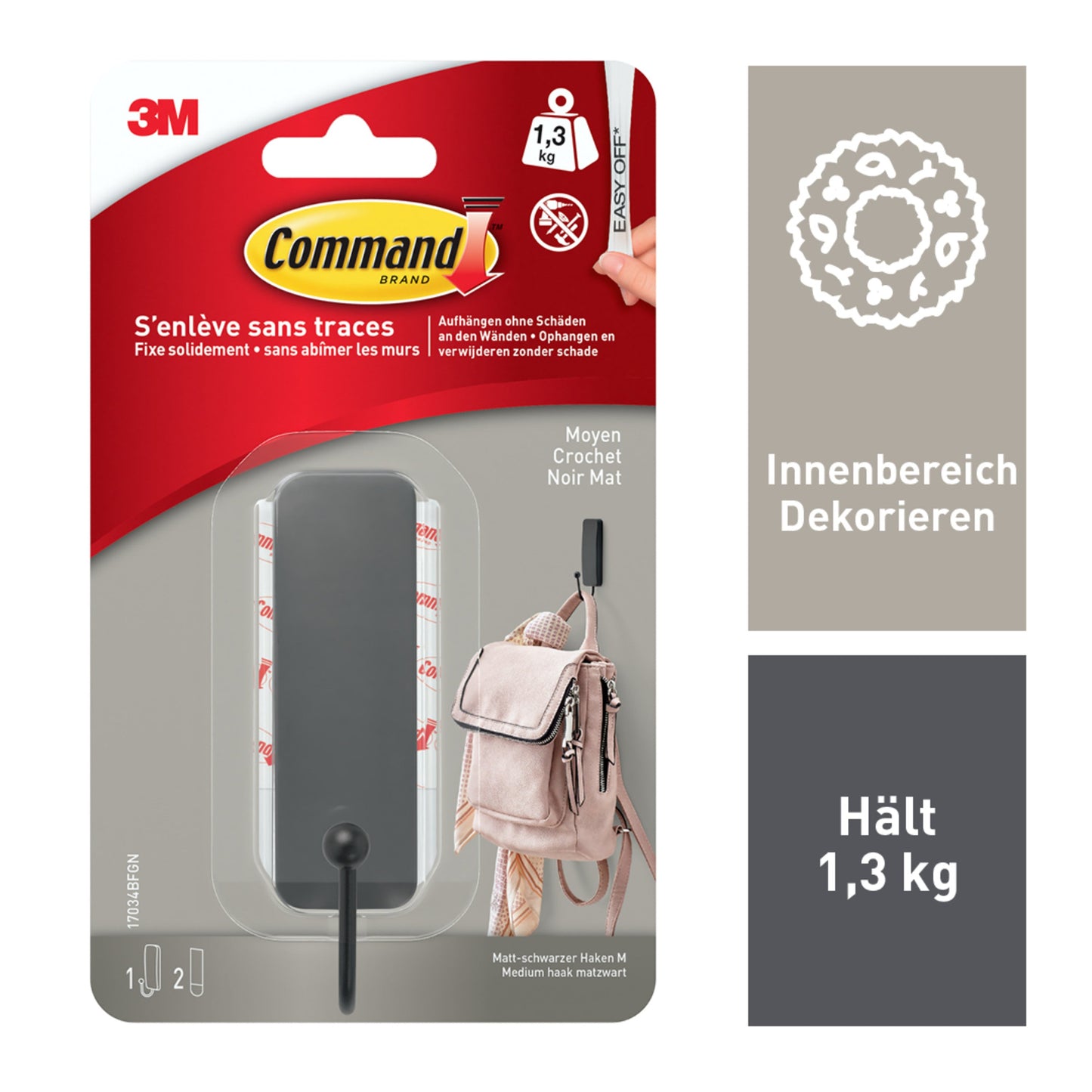 Mittelgroßer Command™ mattschwarzer Haken, 17034B, 1 Haken, 2 Strips | Packung (1 Stück)