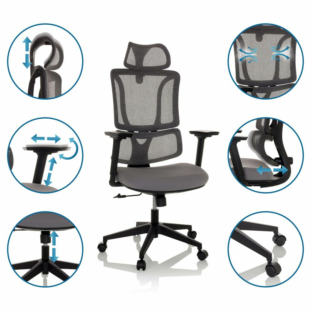 Skrifstofustóll í B-flokki, snúningsstóll, vinnuvistfræðilegt skrifborð, möskvaefni, grátt, Mybuero