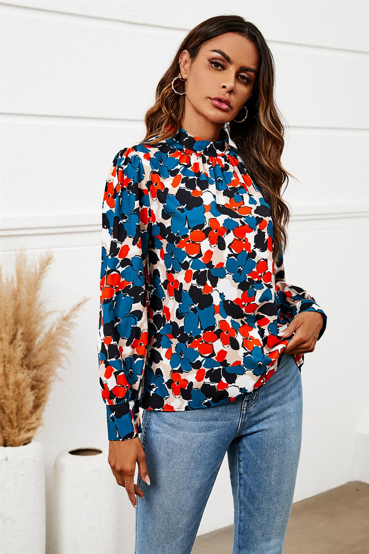 Floral Print Long Sleeve High Neck Top In Blue 