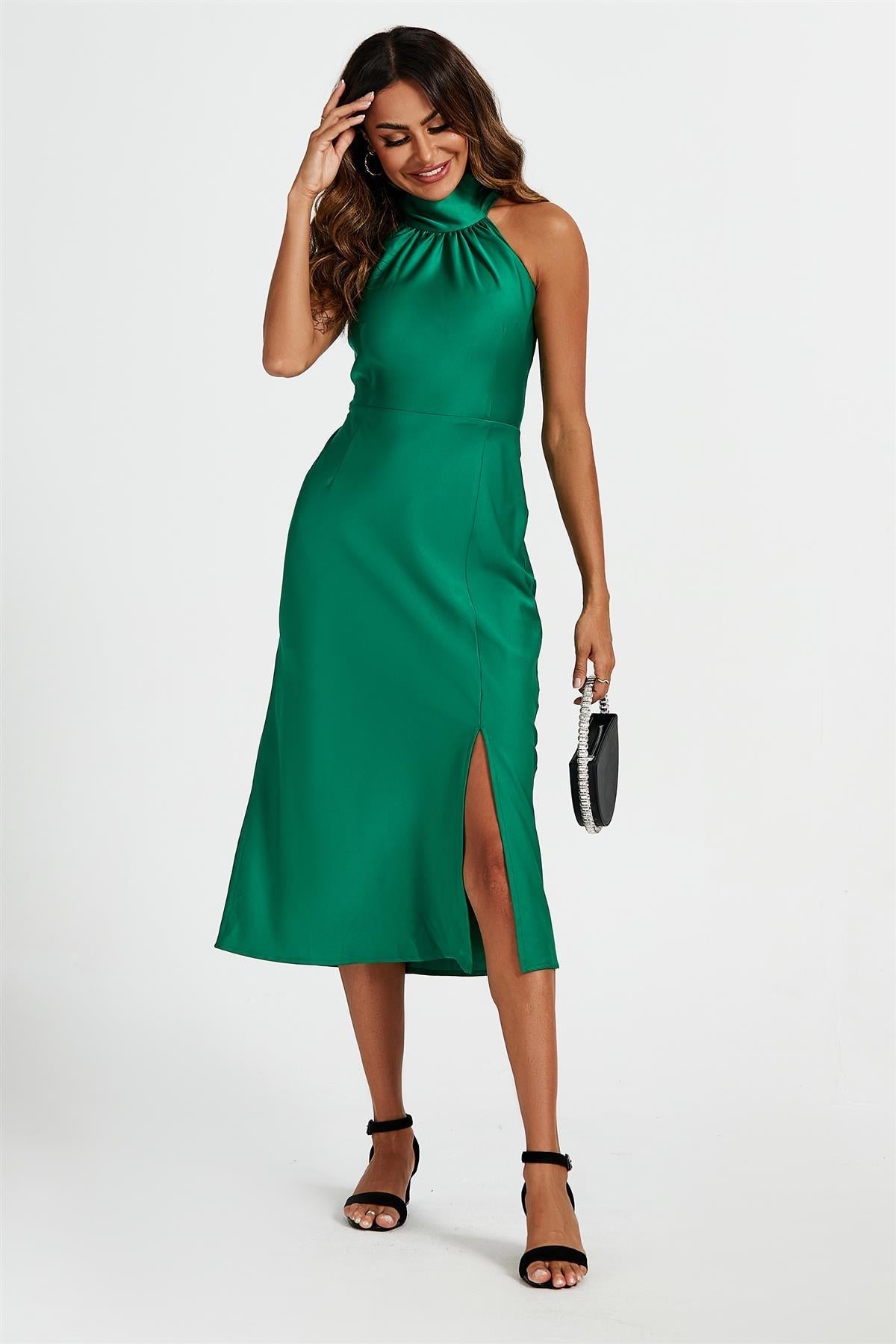 Satin Halter Neck Tie Back Midi Dress In Green
