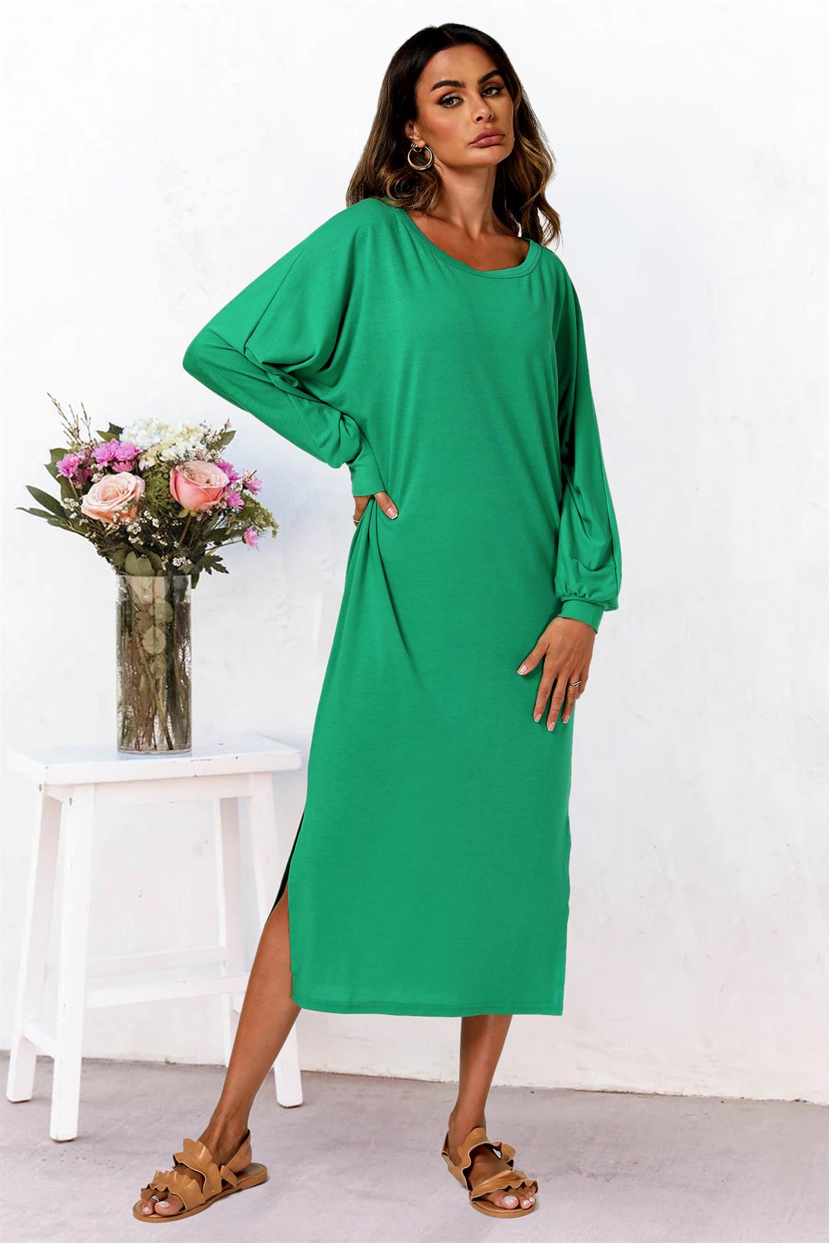 Oversized Midaxi Long Sleeve Slit Jersey Dress In Green 