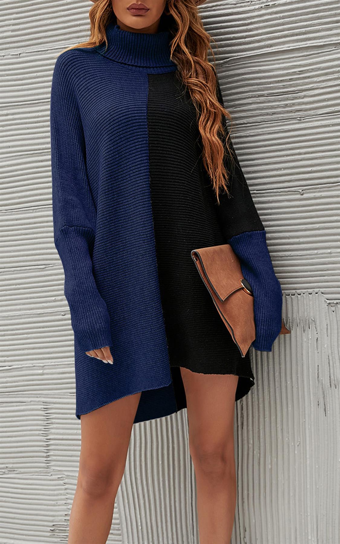 High Neck Half Forest Navy & Black Block Colour Jumper Top
