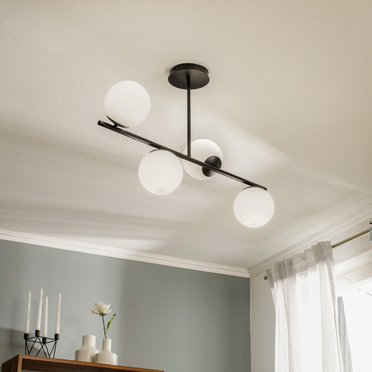 B-flokks Euluna loftlampi, loftljós, lampi, ljós Kabo, 1 armur, svartur, fjögurra ljósa 