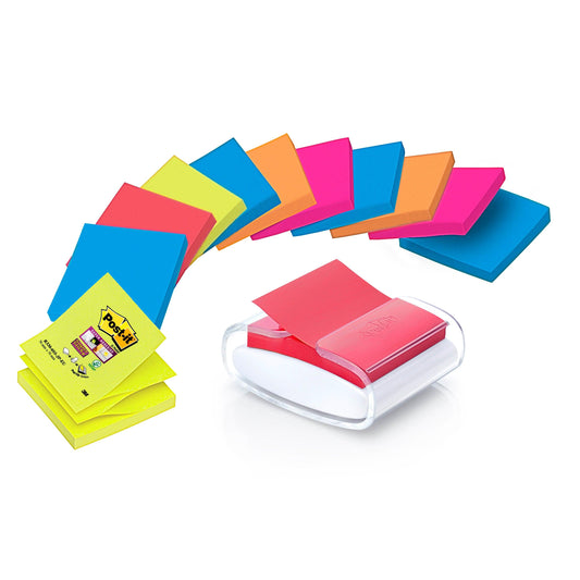 Post-it® Z-Notes Dispenser, PRO, Schwarz + Post-it® Super Sticky Z-Notes, Gelb, 76 mm x 76 mm, 90 Blatt/Block