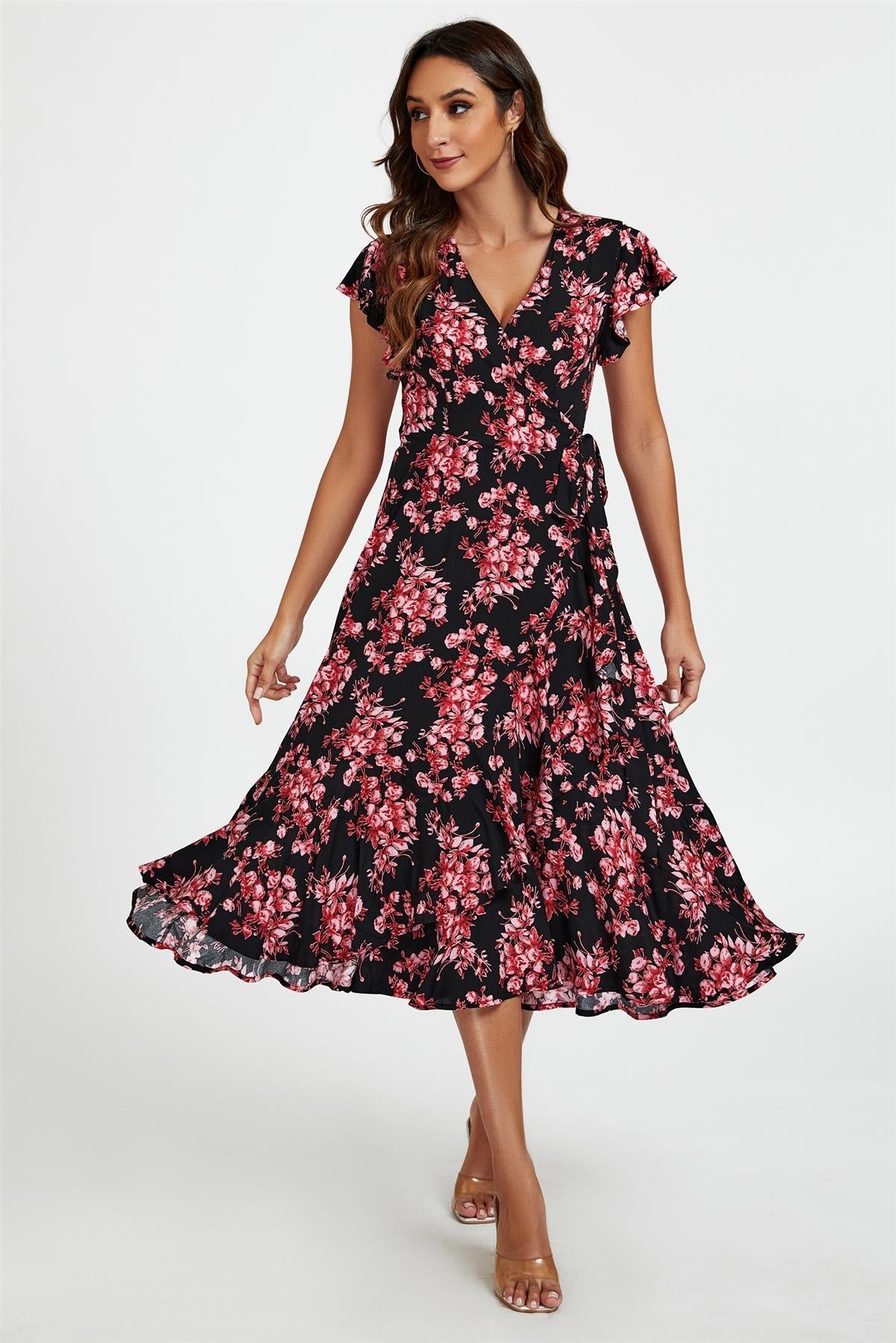 Pink Floral Frill Sleeve Midi Wrap Dress In Black 