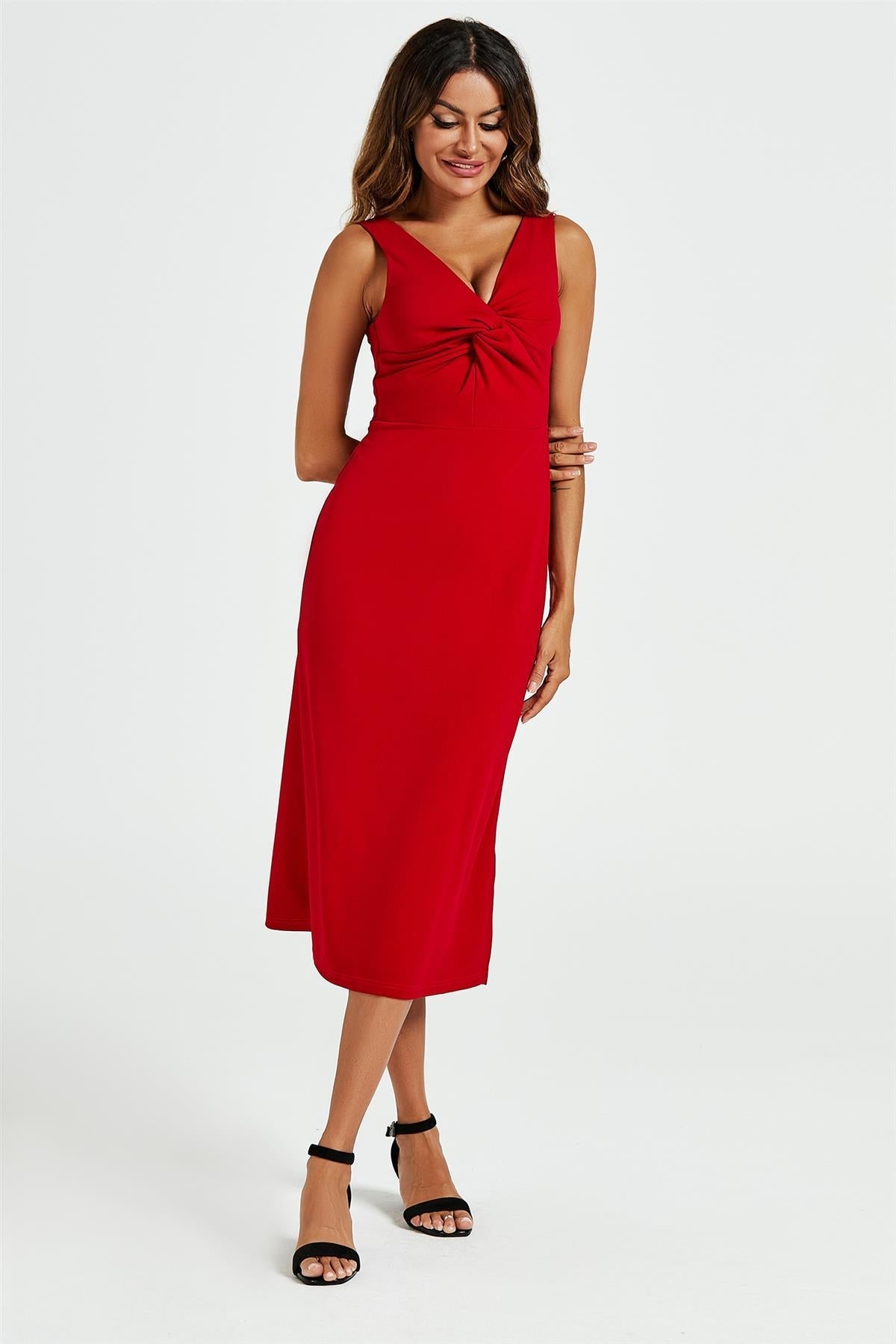 V Neck Knot Front Midi Dress In Red 