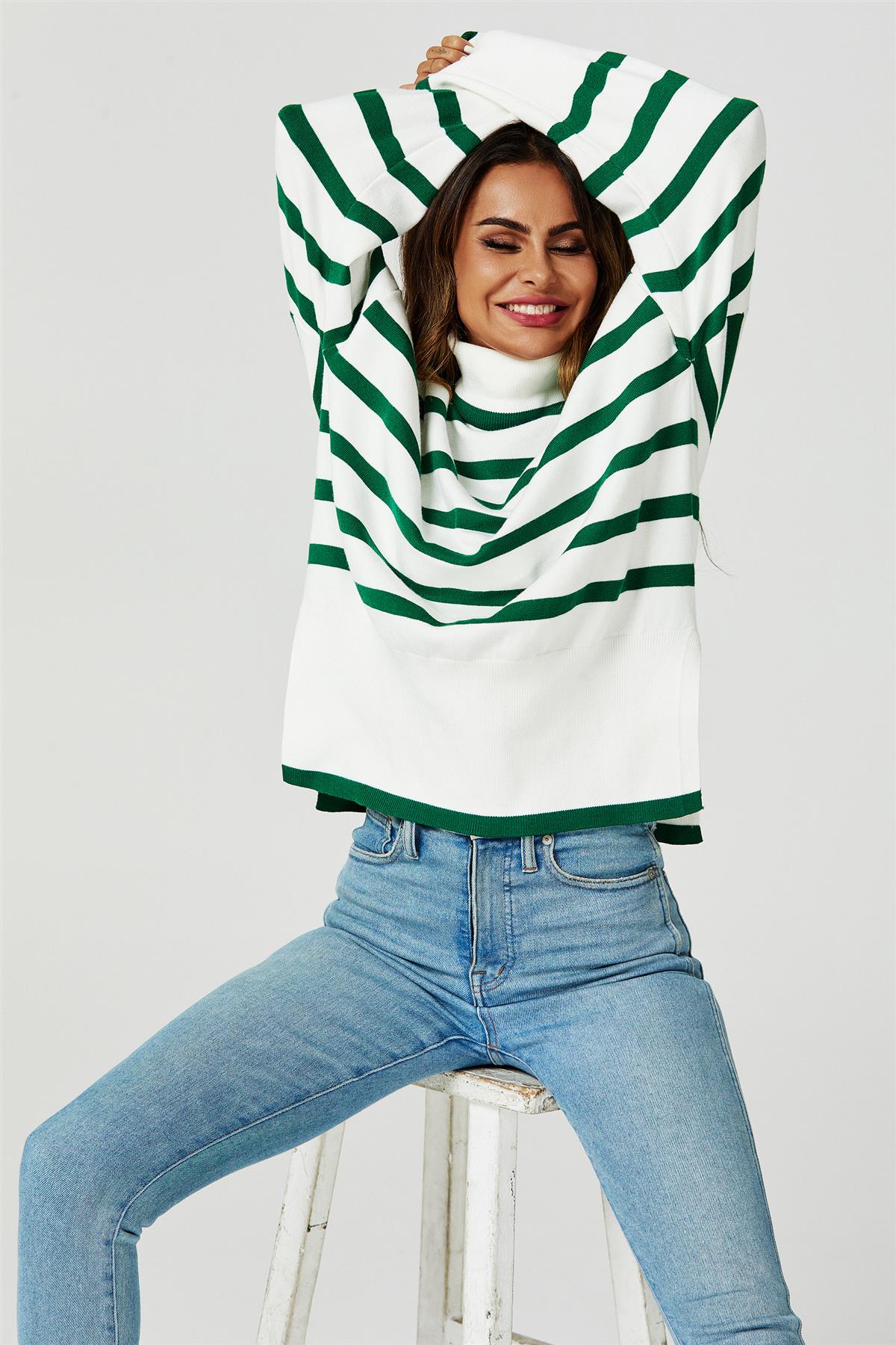 Stripes Pattern Turtleneck Jumper Top In Green 