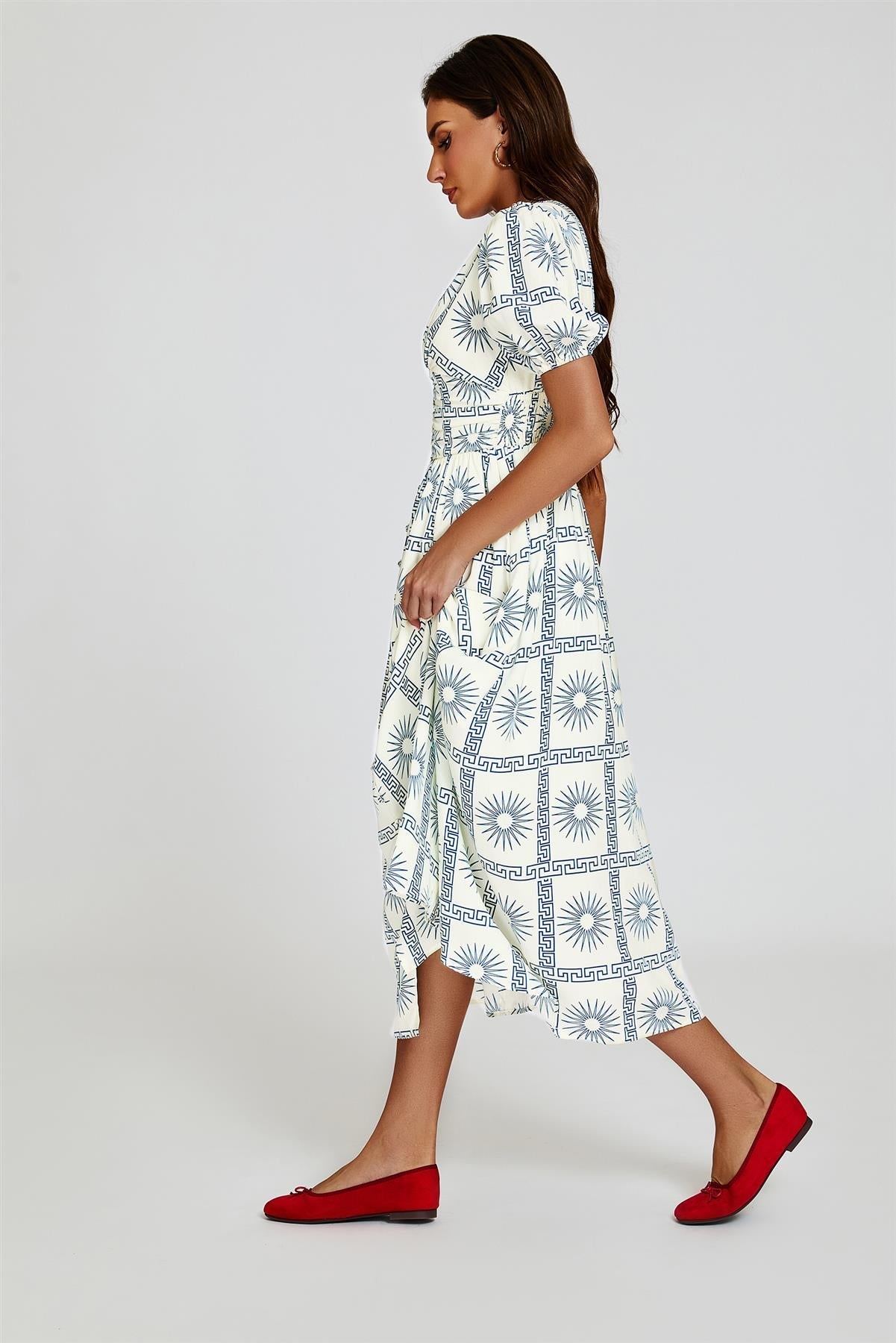 Geo Print Midi V neckline Dress In White