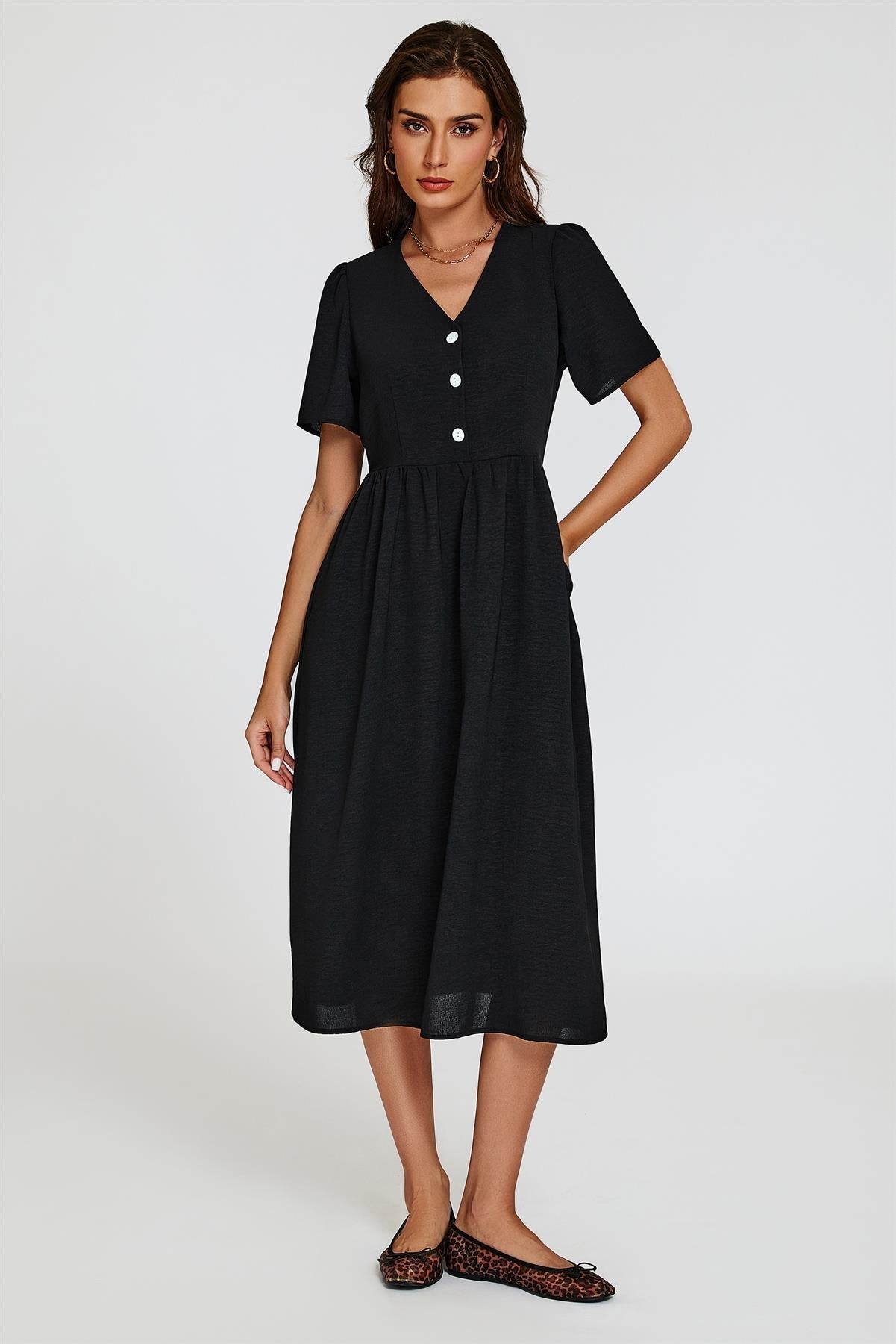 Button Front Midi Dress In Black