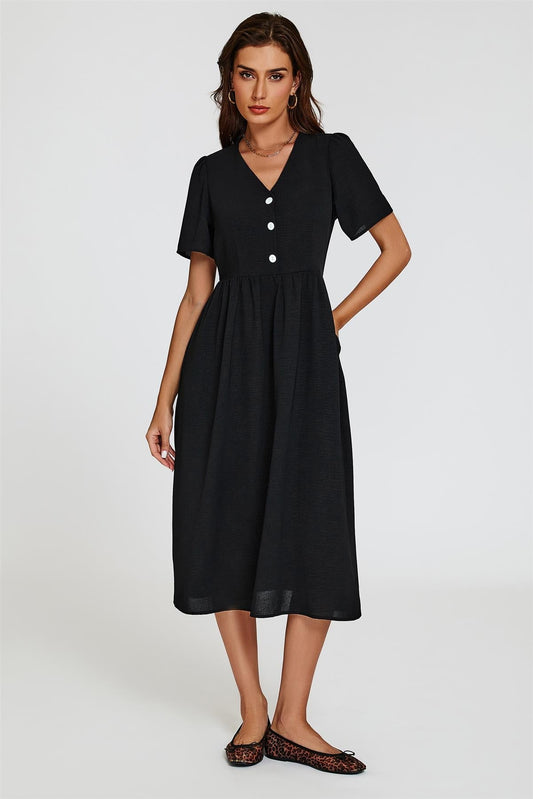 Button Front Midi Dress In Black
