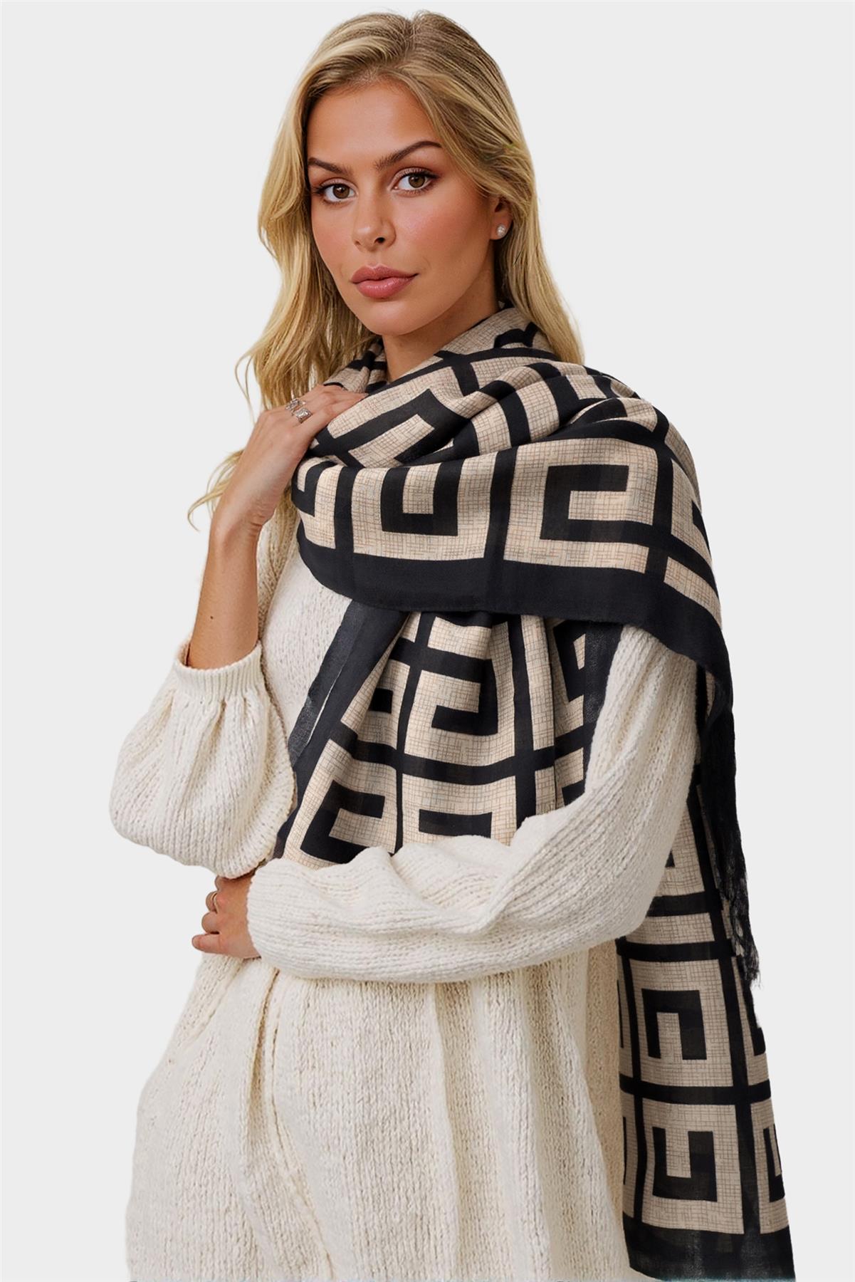Geo Print Scarf In Beige &amp; Black