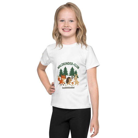 Kinder T-Shirt Waldkinder Club Weiß – Natürlich unterwegs im Baddeldaddel Design