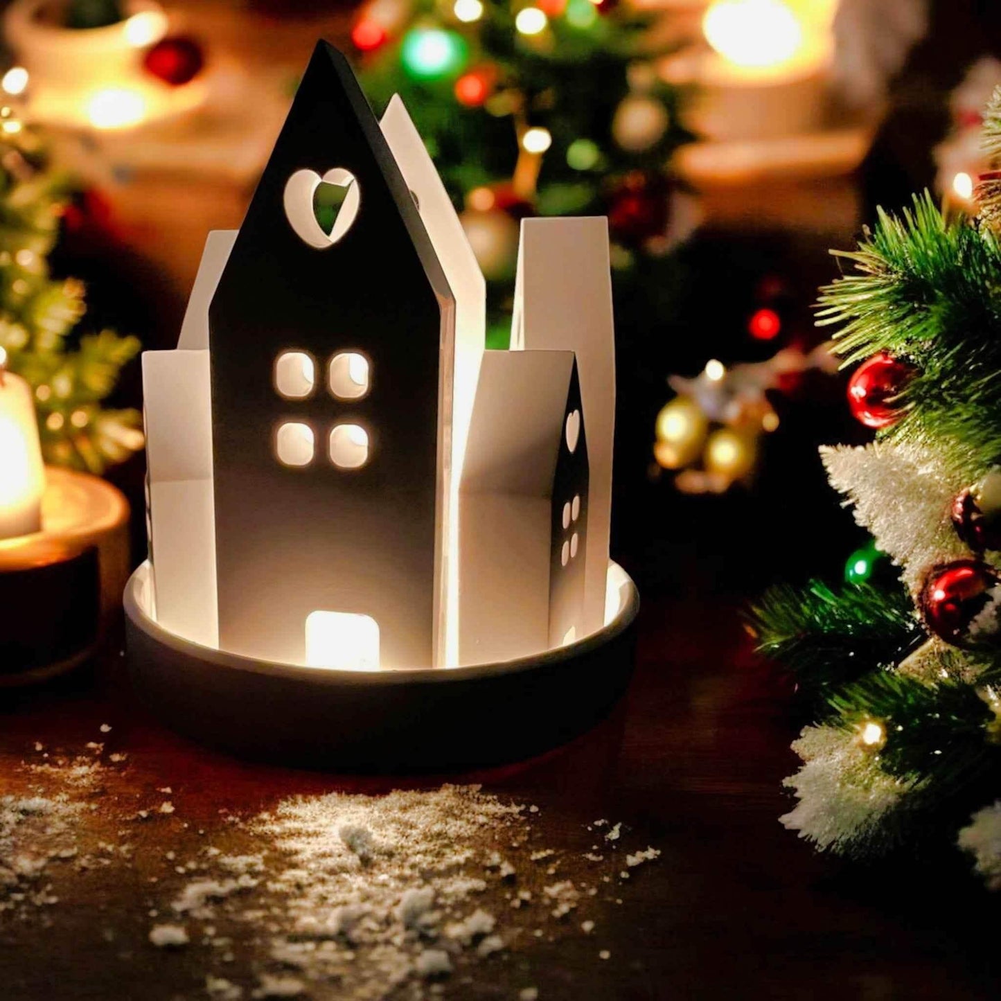 Set aus handgefertigten Aufsteckhäusern & Kerzenring – Exklusive Weihnachtsdeko