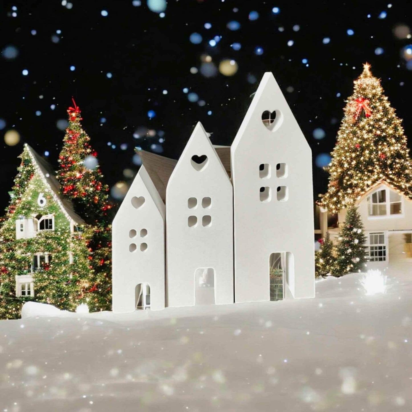 Set aus handgefertigten Aufsteckhäusern & Kerzenring – Exklusive Weihnachtsdeko