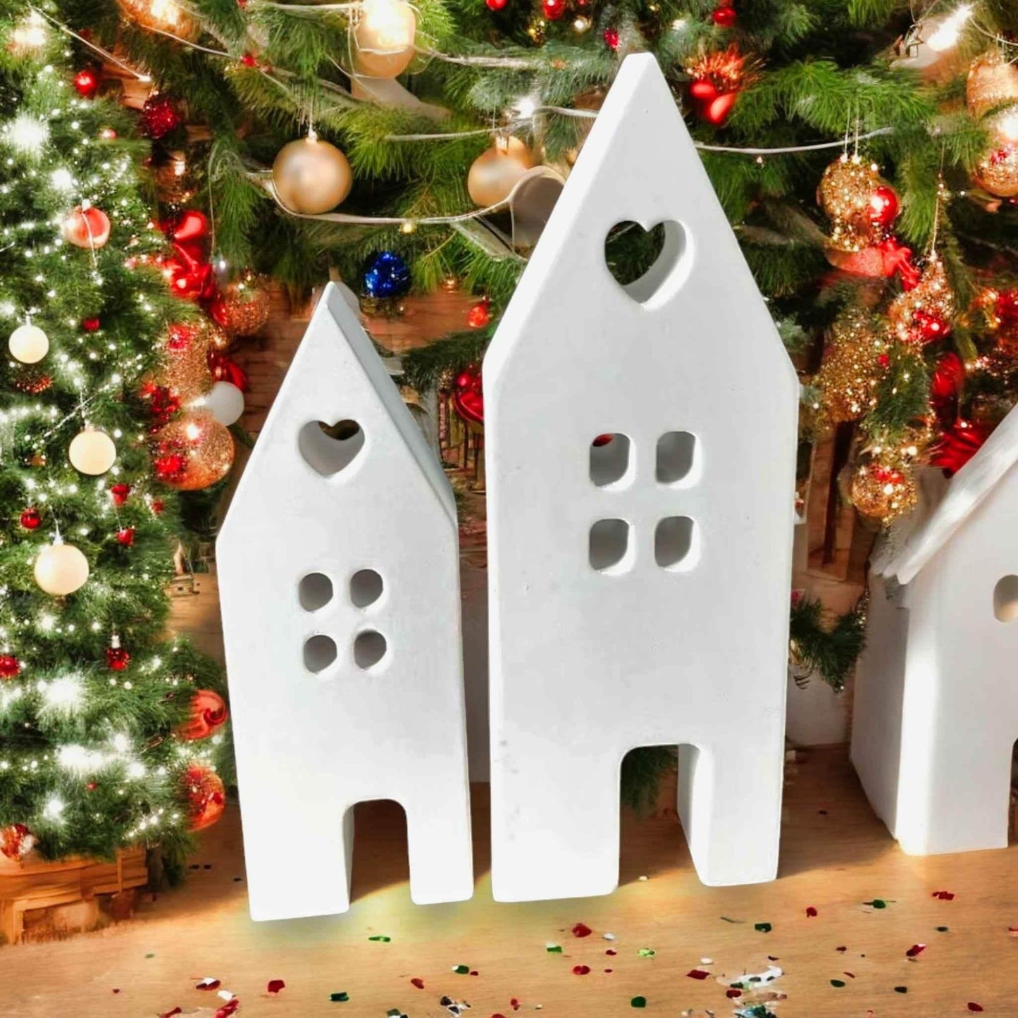 Set aus handgefertigten Aufsteckhäusern & Kerzenring – Exklusive Weihnachtsdeko