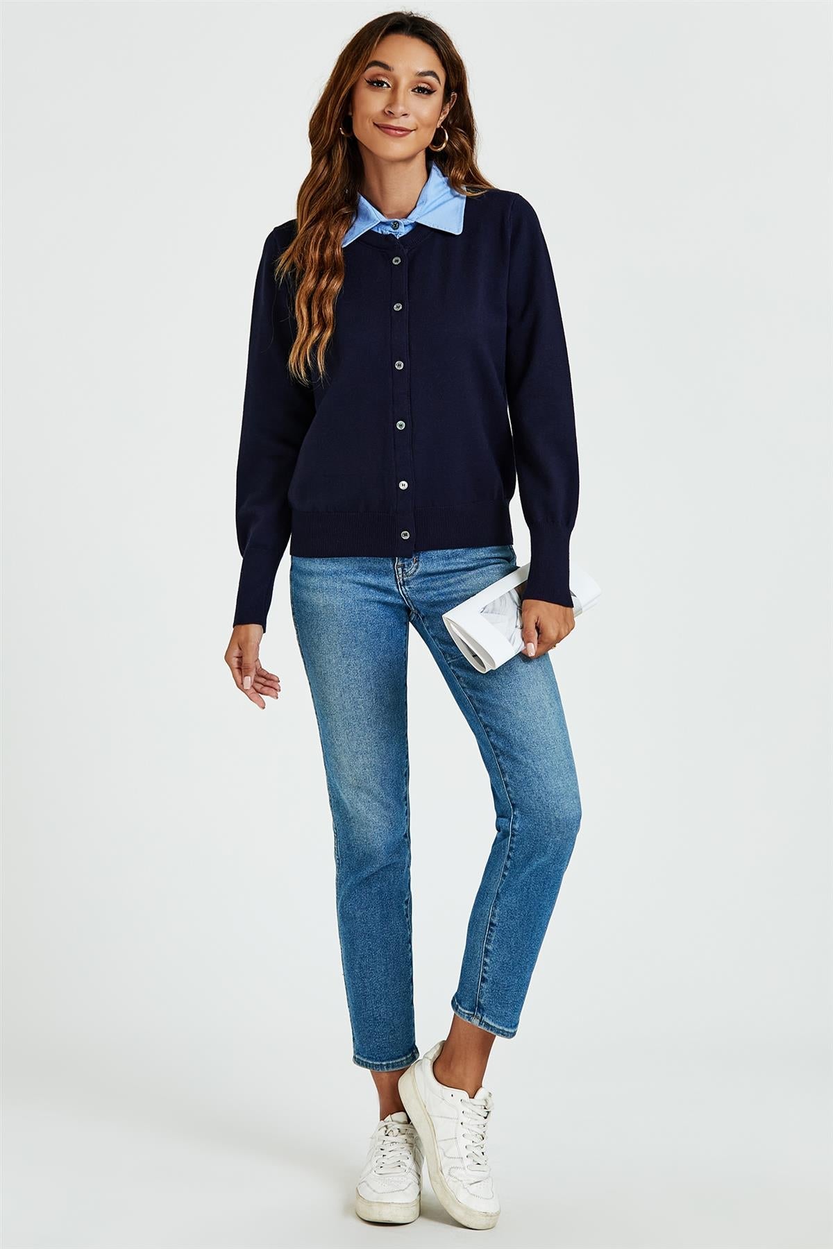 Shirt Collar Knitted Cardigan In Navy