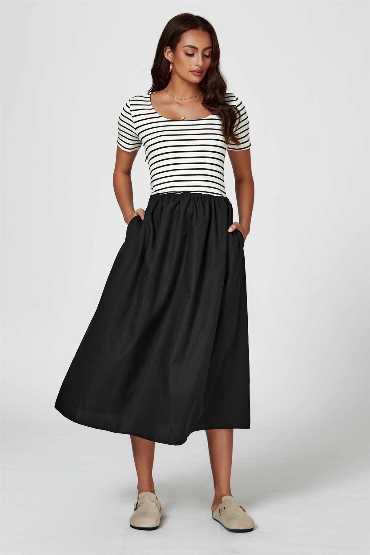 Short Sleeve Black Stripe Midi Dress In White