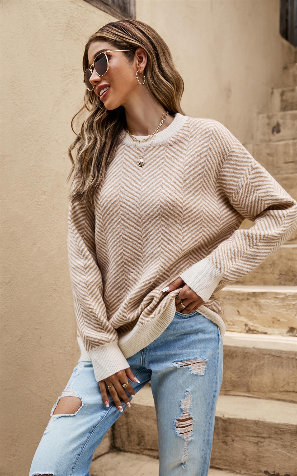 Chic Geometric Intarsia Knit Jumper Top In Beige &amp; Taupe