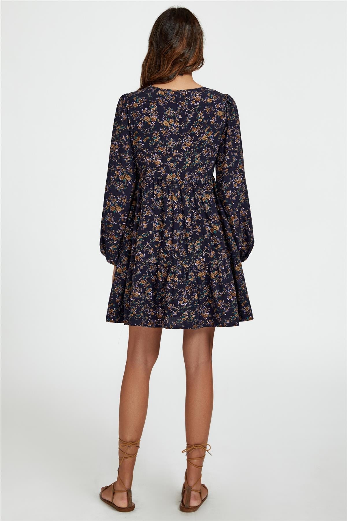 Little Floral Print V Neck Mini Dress In Navy