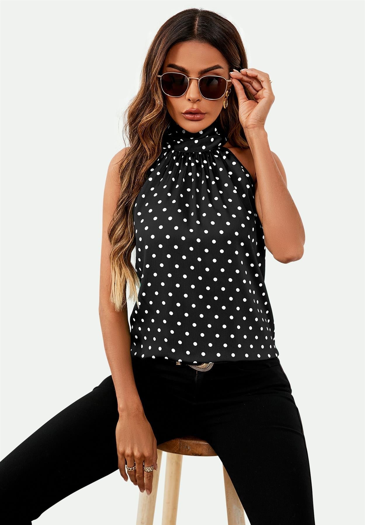 Polka Dot Print Halter Neck Tie Back Top In Black