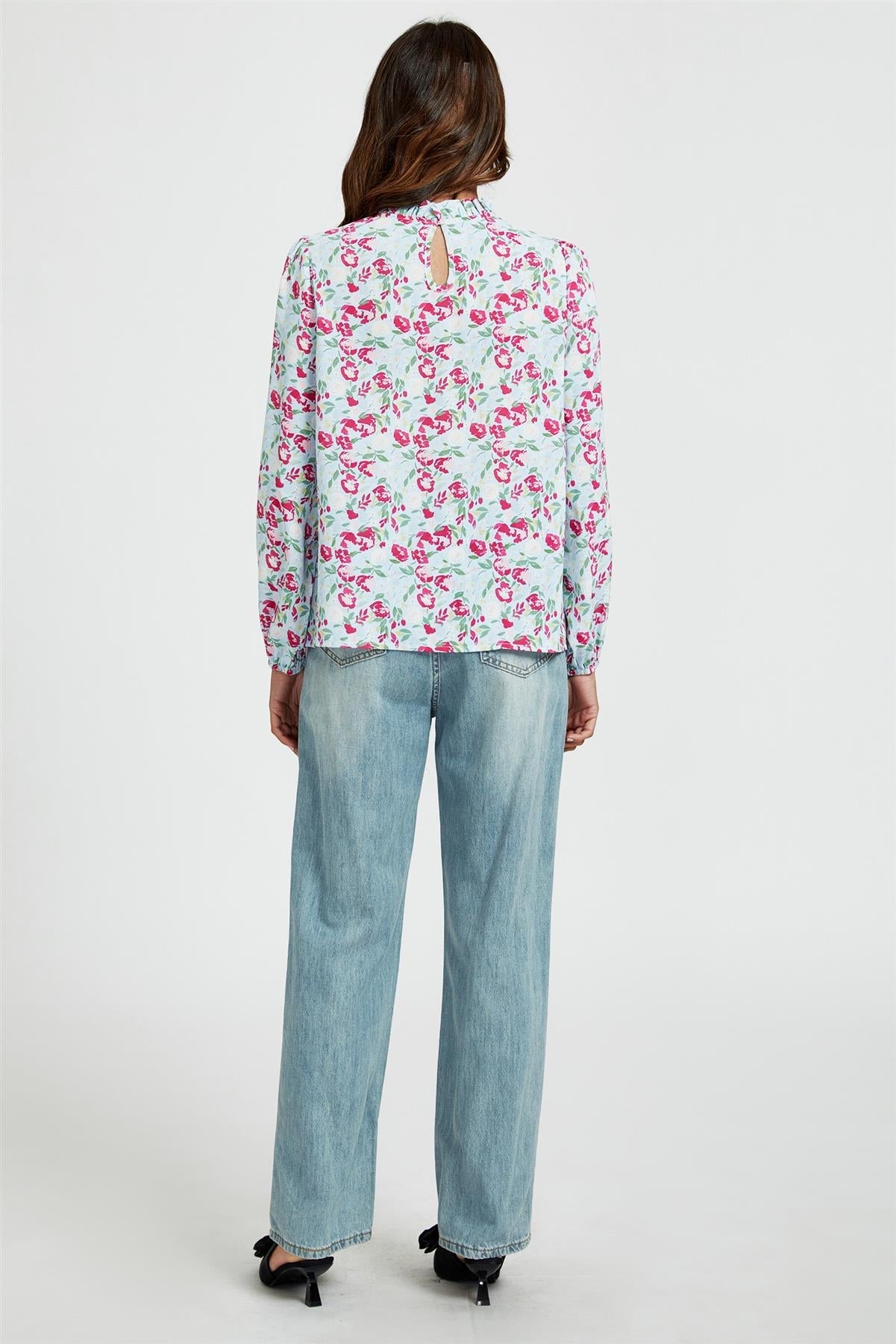 Floral Print Frill Detail High Neck Top In Blue &amp; Pink