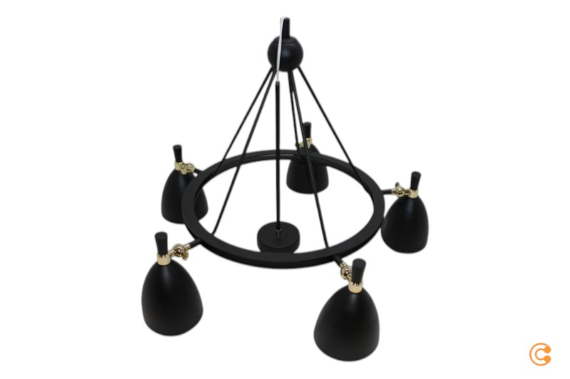 B-flokks Charlotte hengiljós, fimm ljósastaura, svart, loftlampi, kastari. Sjá texta/mynd.