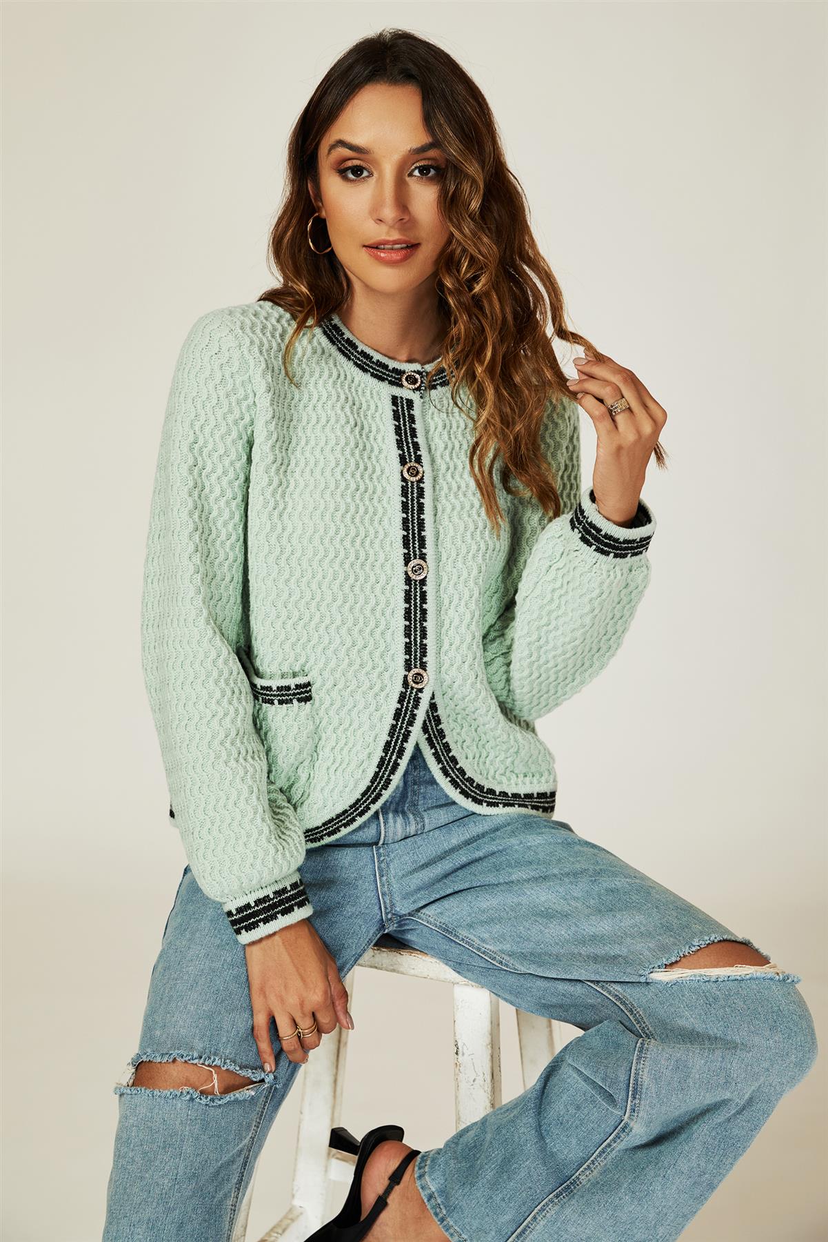 Pocket Knit Cardigan In Gray Green