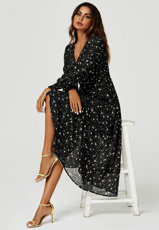 Gold Star Foil Long Sleeve Maxi Dress In Black