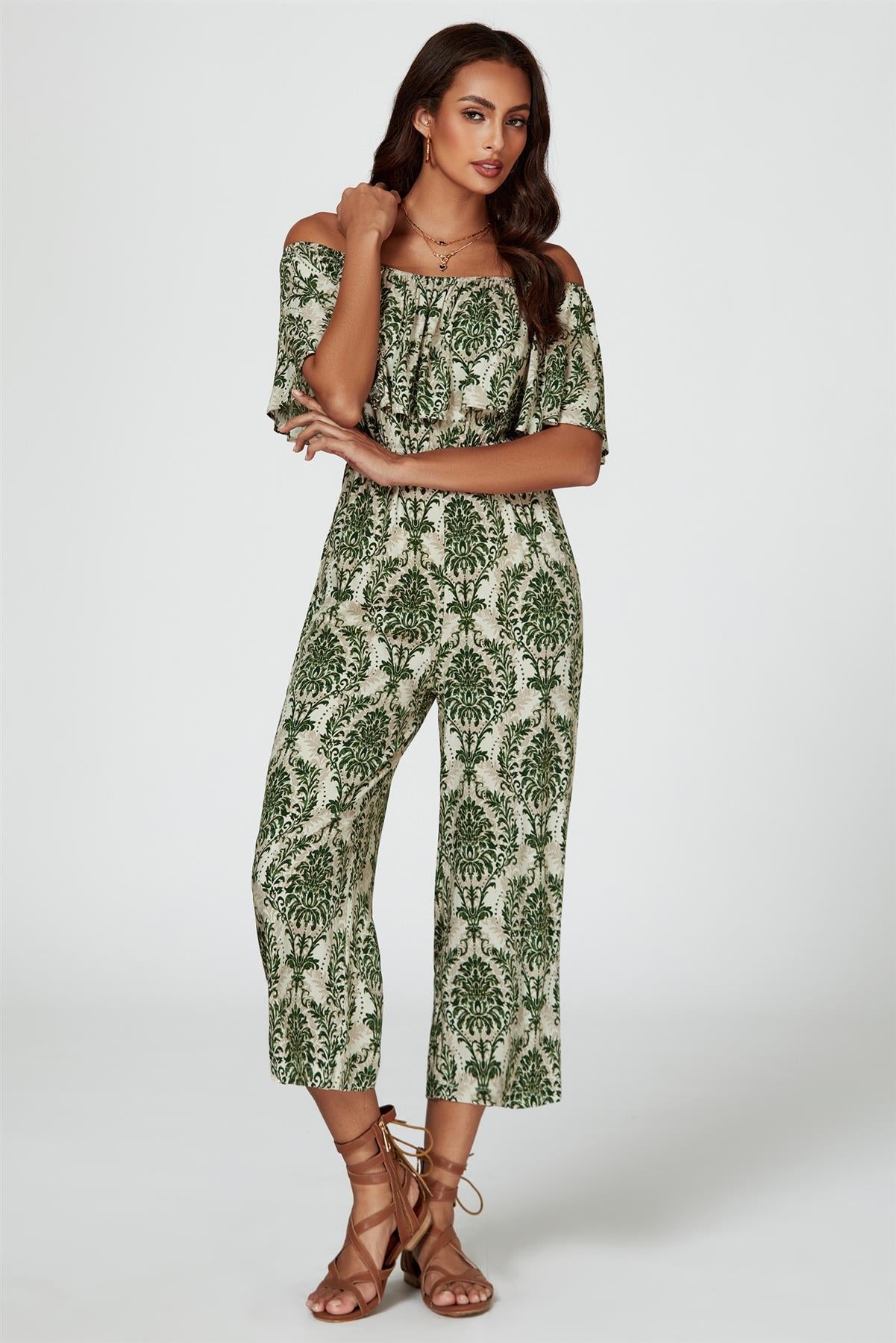 Off The Shoulder Print Frill Jumpsuit In Green