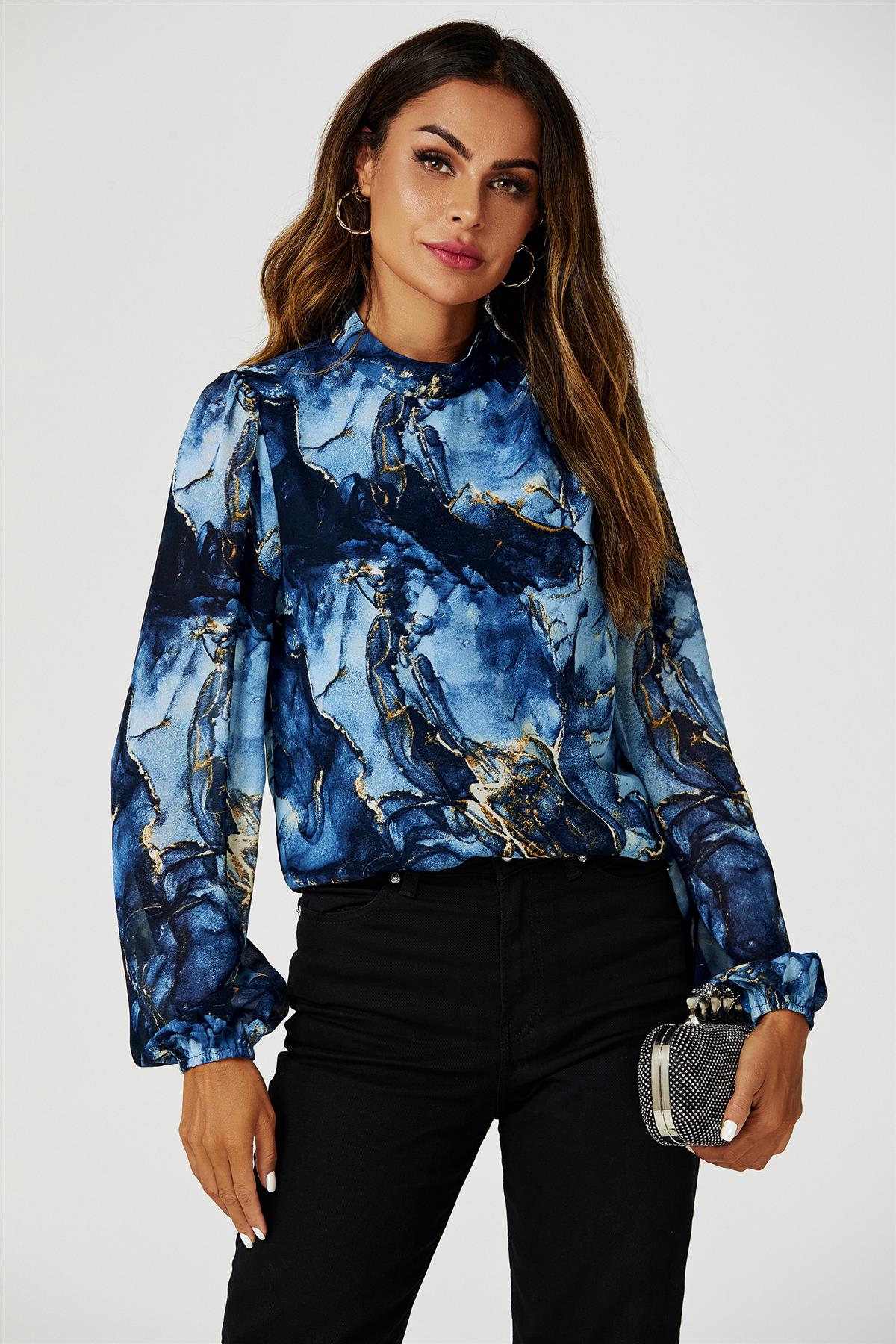 Marble Print Long Sleeve High Neck Top In Navy