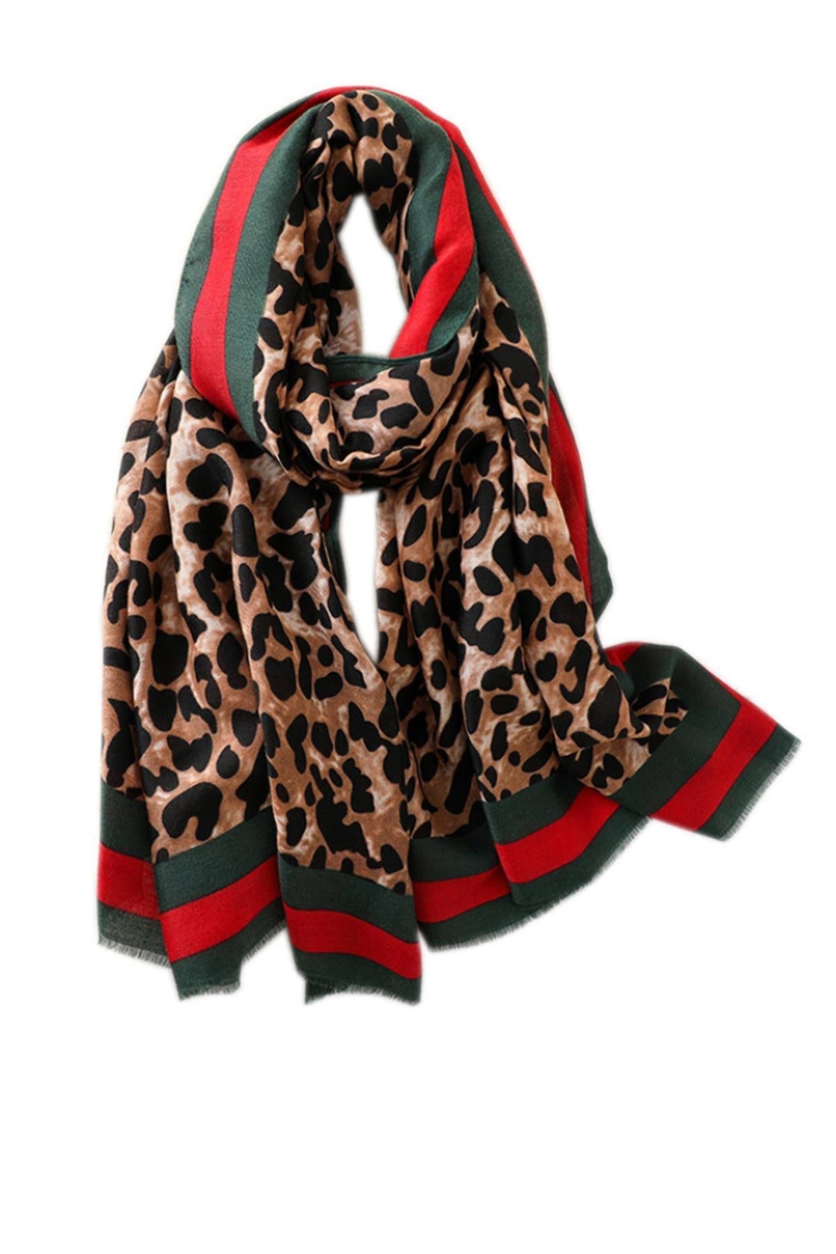 Leopard &amp; Stripe Print Fringed edges Scarf In Green &amp; Red