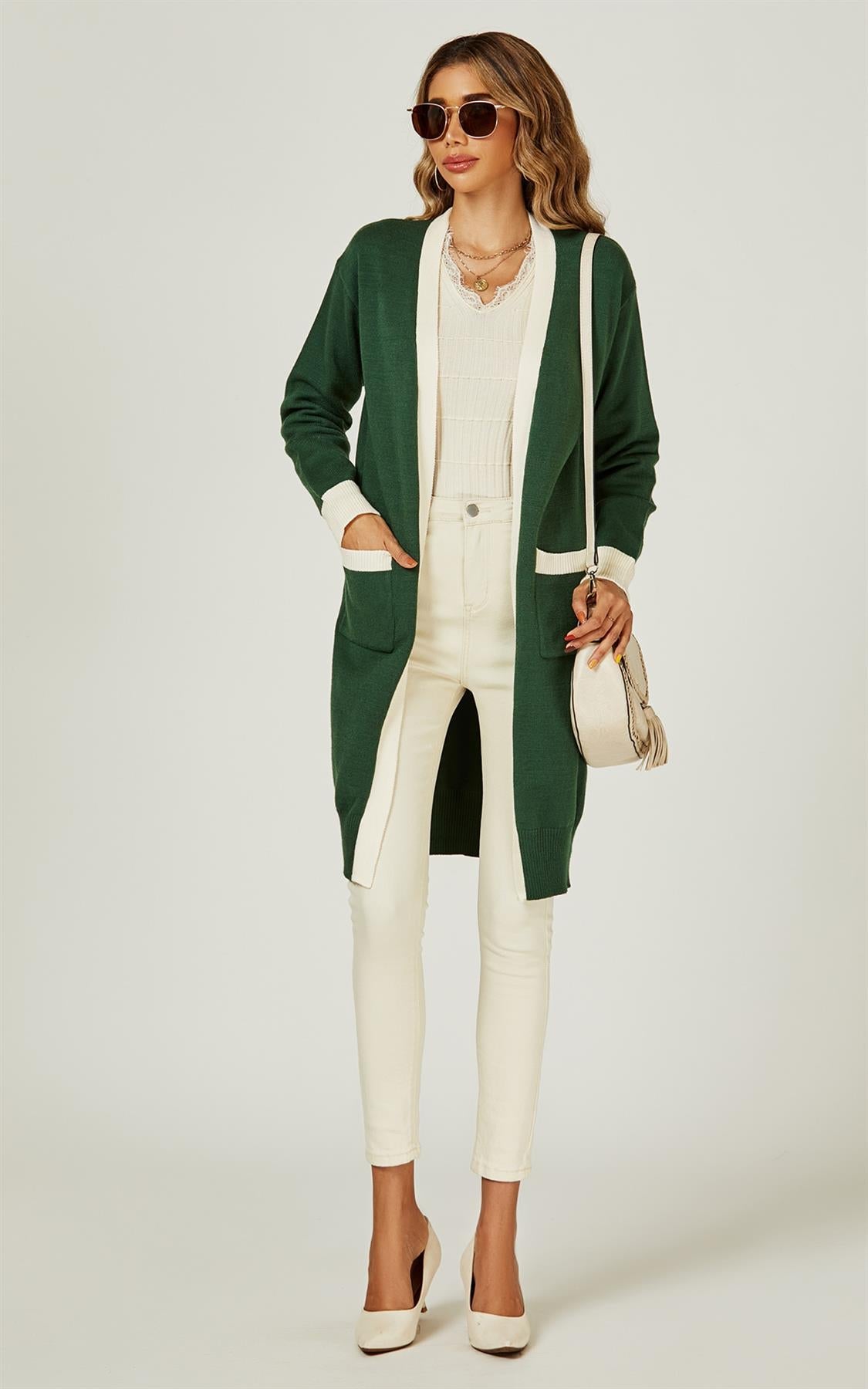 Cream Stripe Cardigan In Green