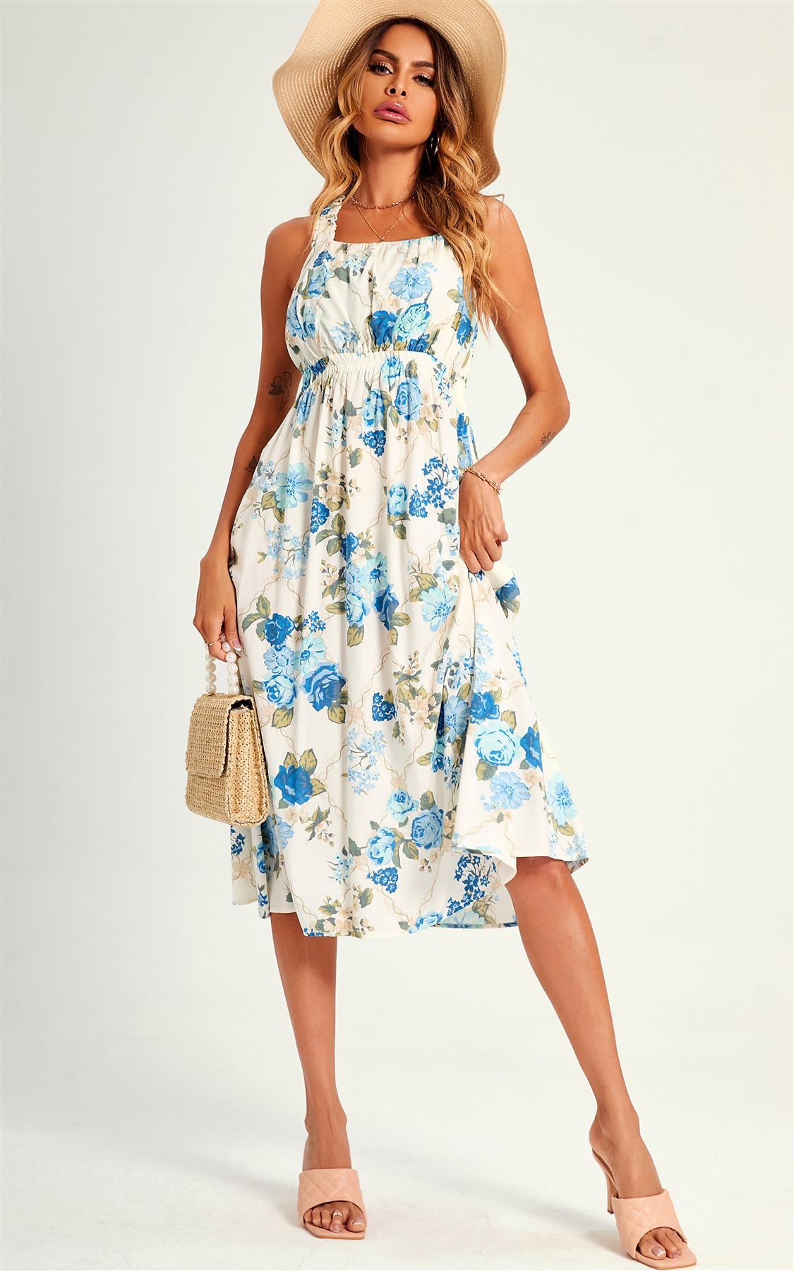 Pretty Flora Print Cross Back Midi Dress In White