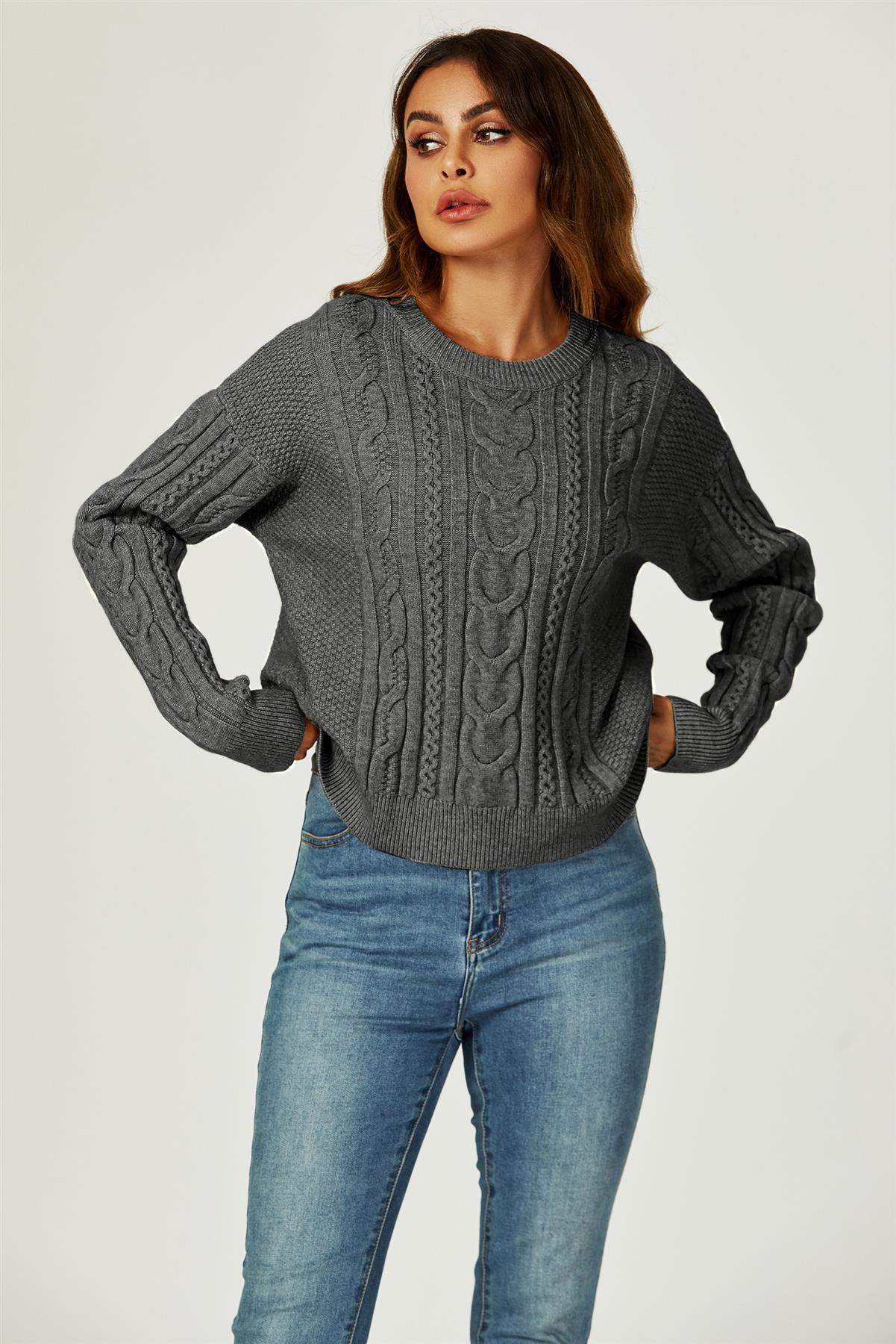 Cable Knit Crew Neck Jumper In Dark Grey