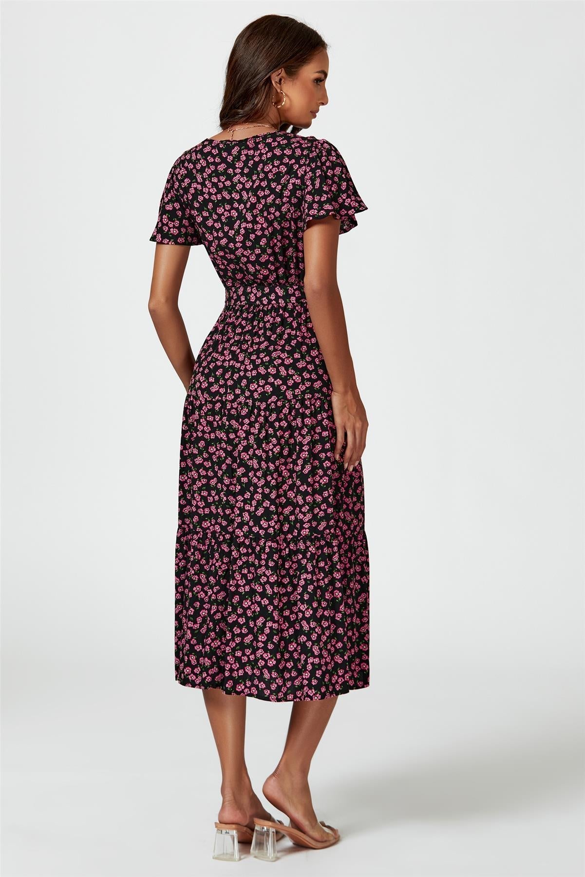 Pink Floral Print Wrap Midi Dress In Black