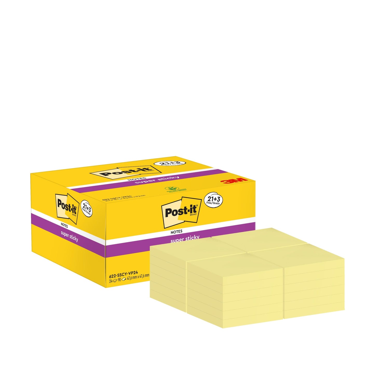 Post-it® Super Sticky Notes, Gelb, 47,6 mm x 47,6 mm, Promotion, 90 Blatt/Block, 21 Blöcke + 3 Gratis/Packung, 100% PEFC, SGSCH-PEFC-COC-110078  | Packung (1 Stück)